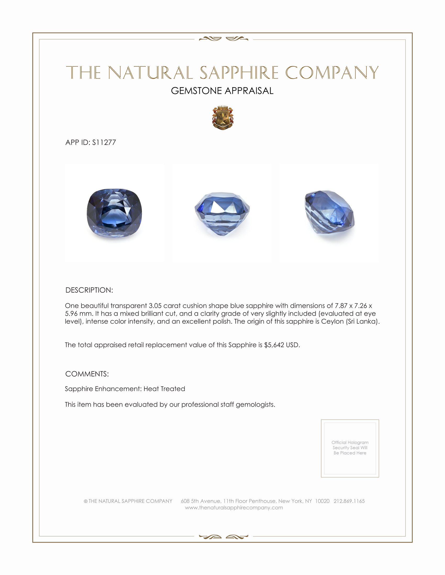 3.05 Ct. Blue Sapphire from Ceylon (Sri Lanka)