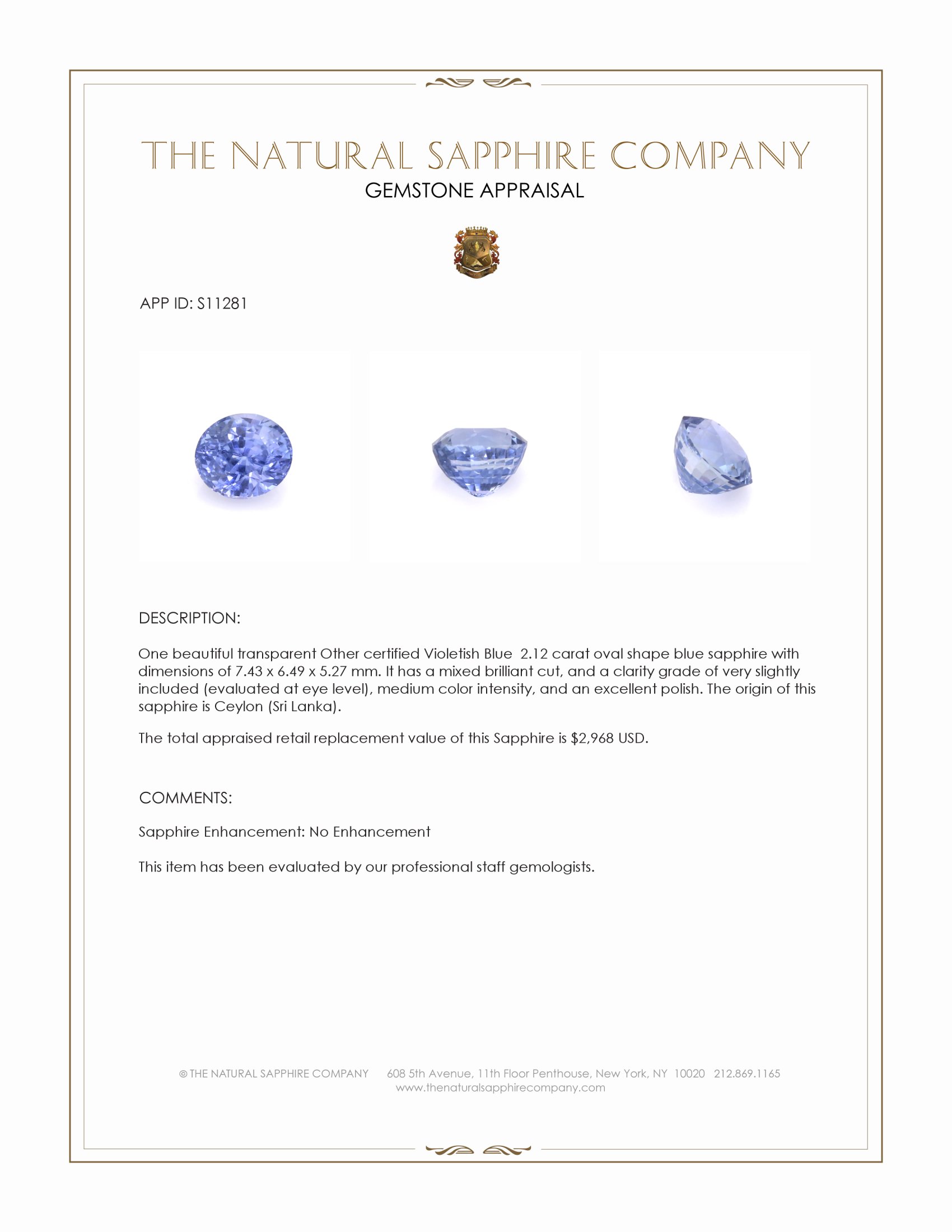 2.12 Ct. Blue Sapphire from Ceylon (Sri Lanka)