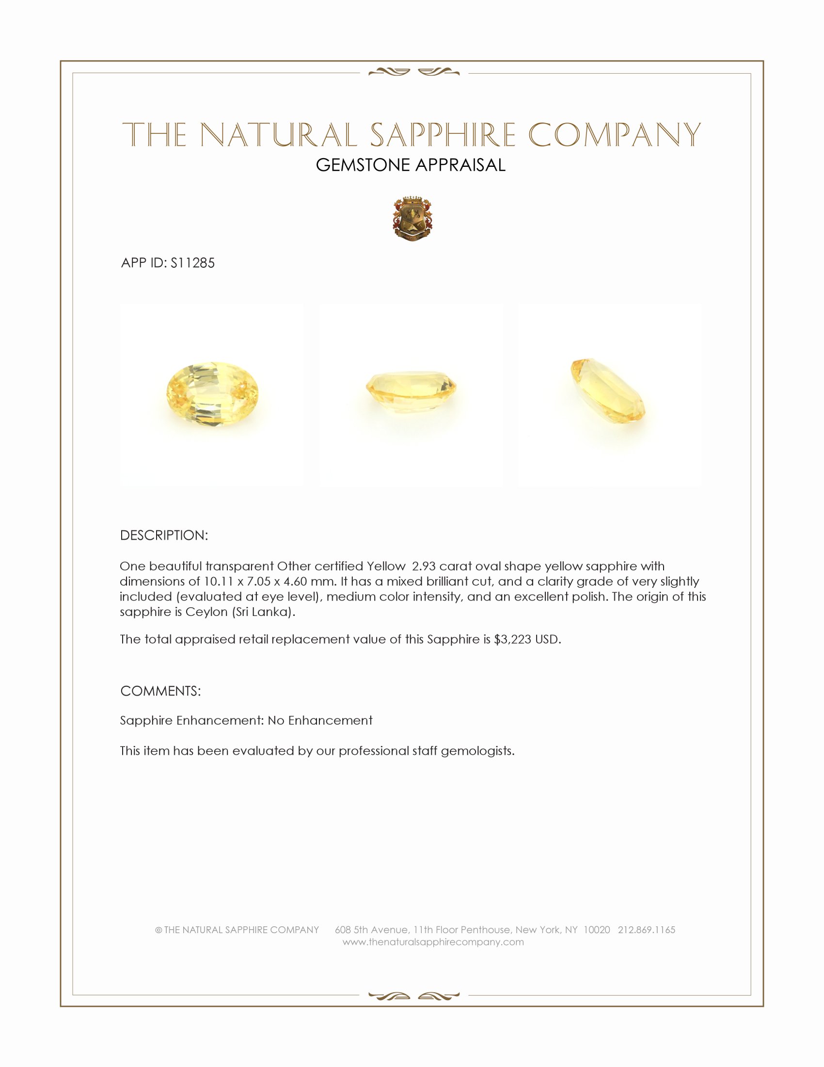 2.93 Ct. Yellow Sapphire from Ceylon (Sri Lanka)