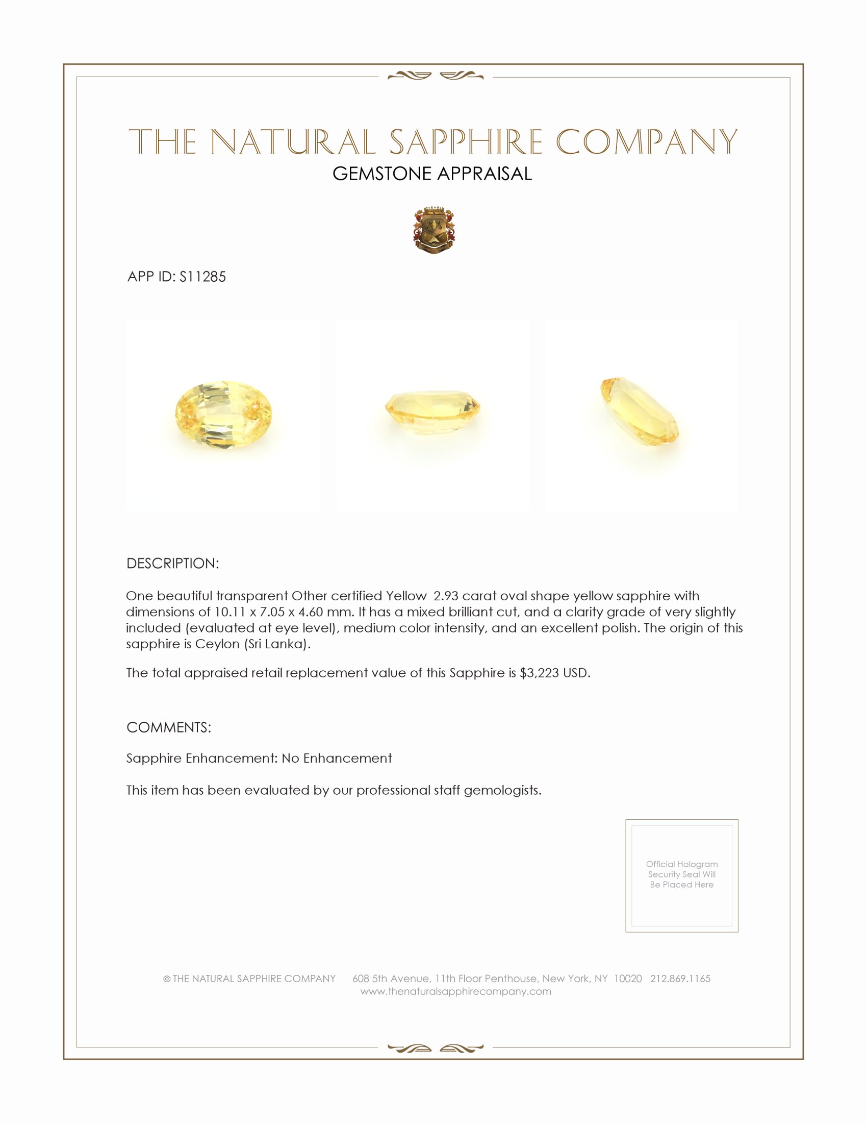 2.93 Ct. Yellow Sapphire from Ceylon (Sri Lanka)