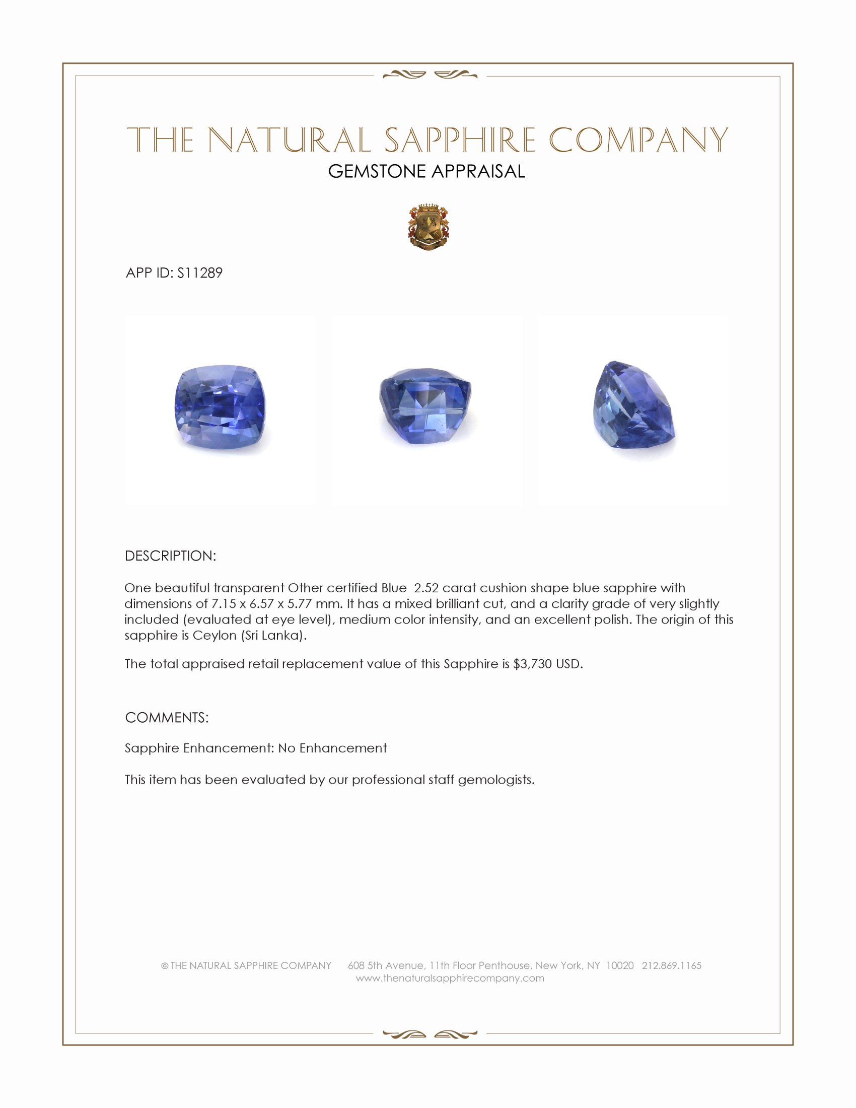 2.52 Ct. Blue Sapphire from Ceylon (Sri Lanka)