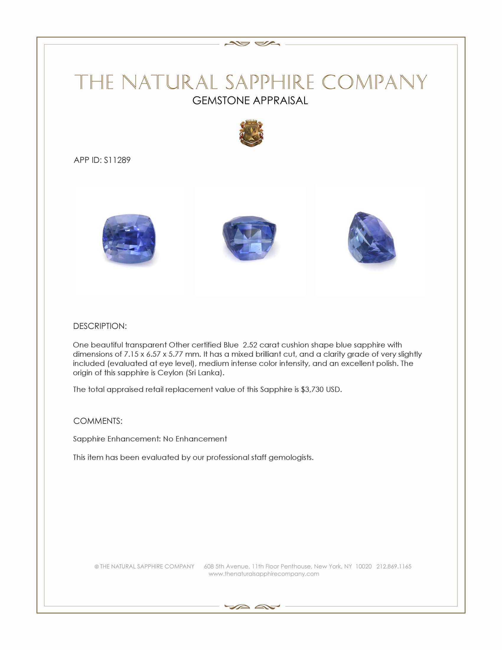 2.52 Ct. Blue Sapphire from Ceylon (Sri Lanka)
