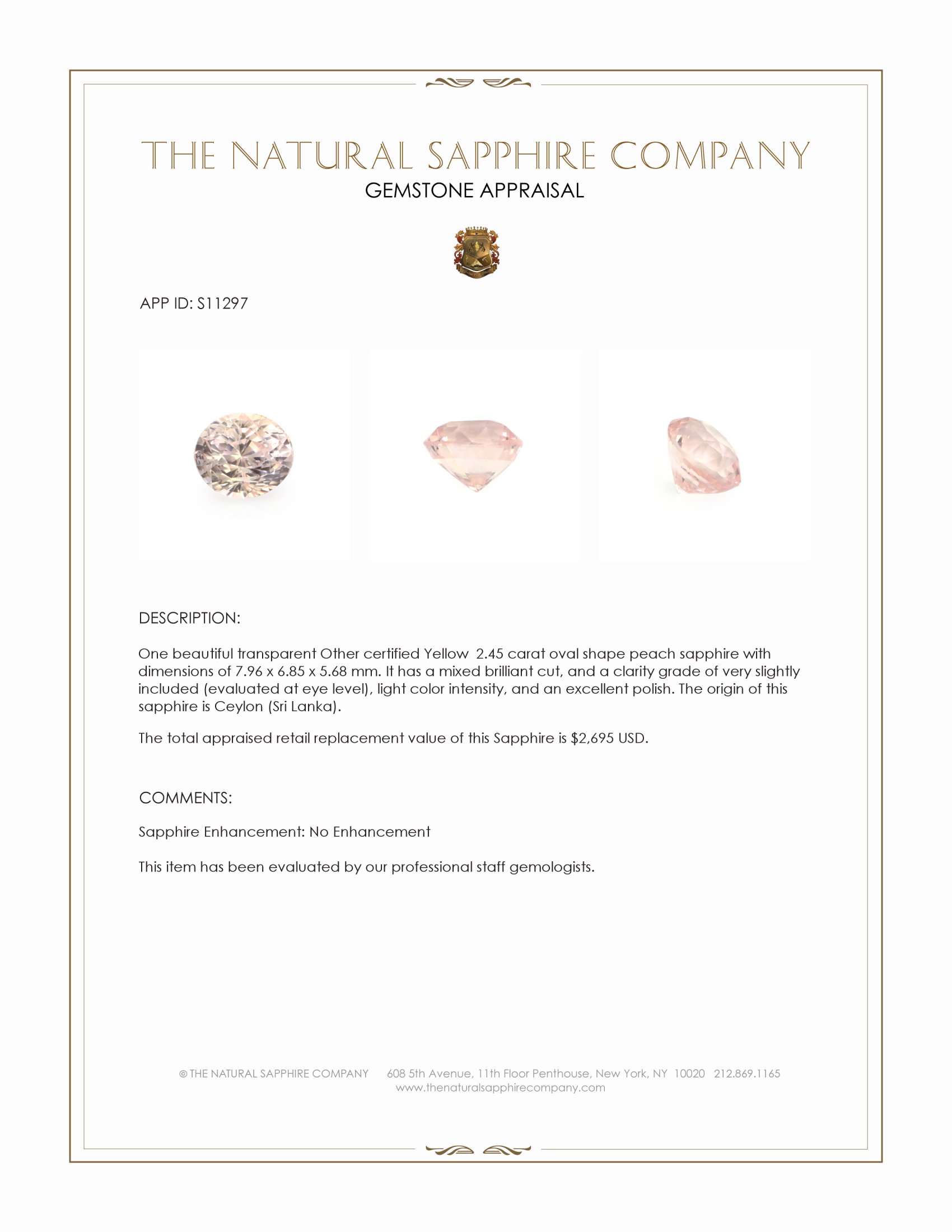 2.45 Ct. Peach Sapphire from Ceylon (Sri Lanka)