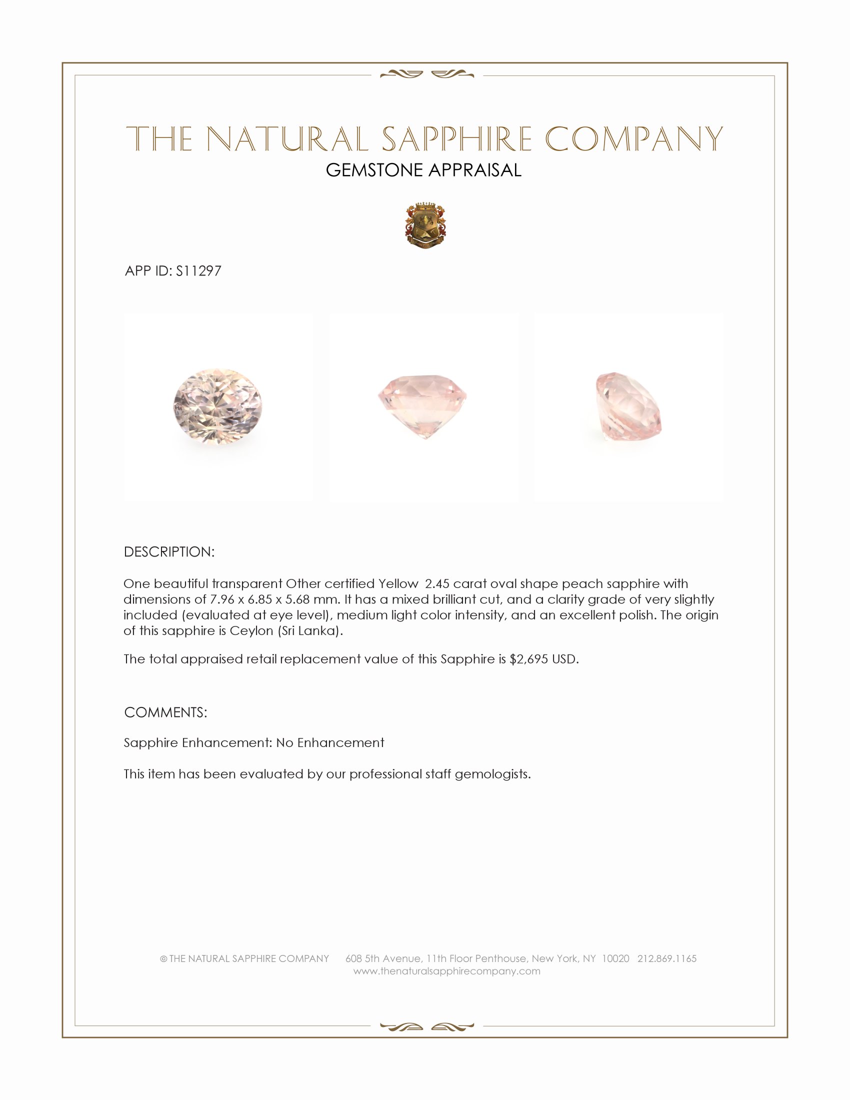 2.45 Ct. Peach Sapphire from Ceylon (Sri Lanka)