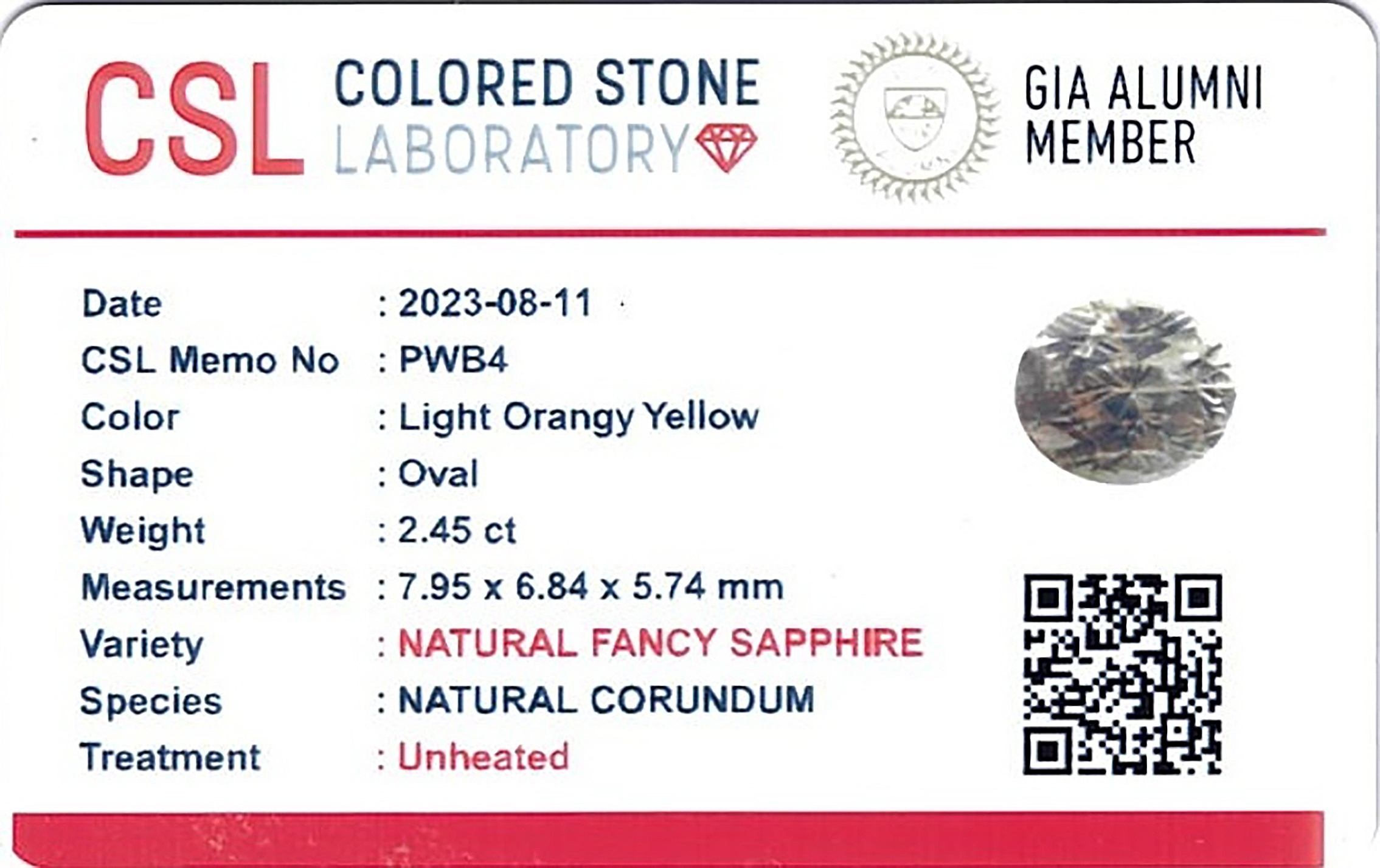 2.45 Ct. Peach Sapphire from Ceylon (Sri Lanka)