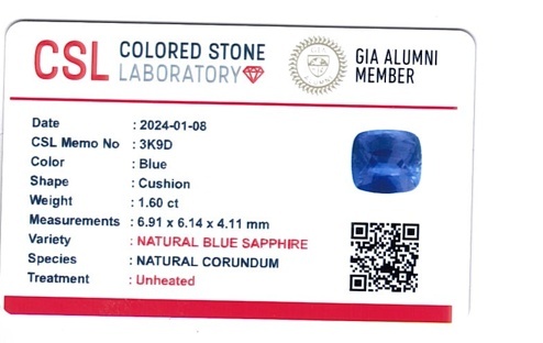 1.60 Ct. Blue Sapphire from Ceylon (Sri Lanka)