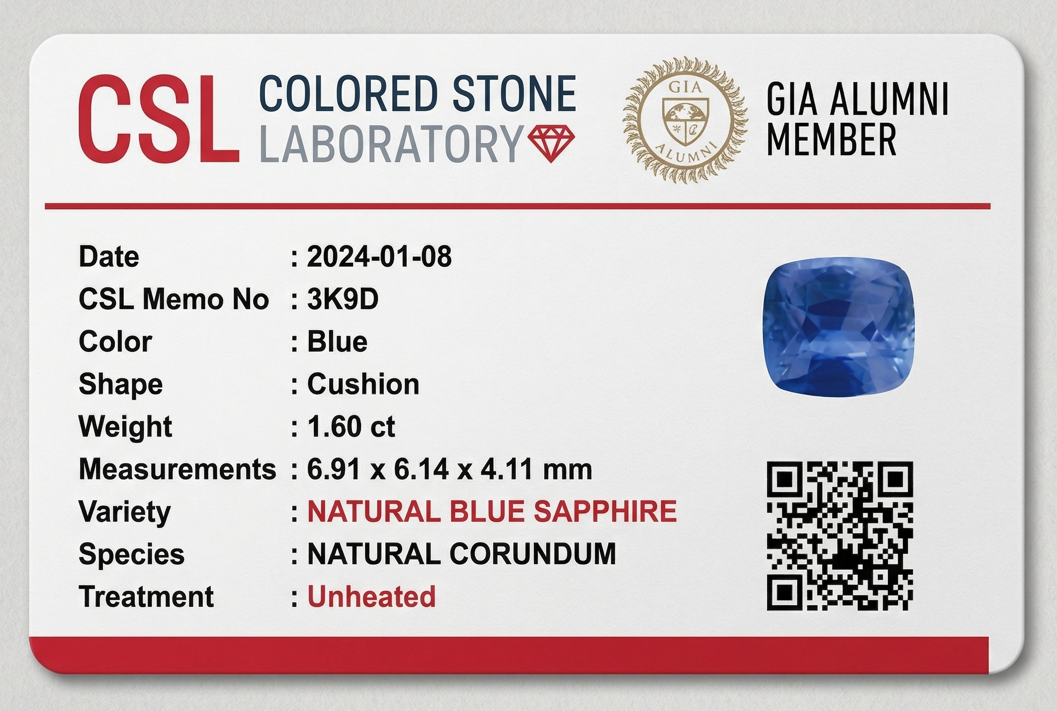 1.60 Ct. Blue Sapphire from Ceylon (Sri Lanka)