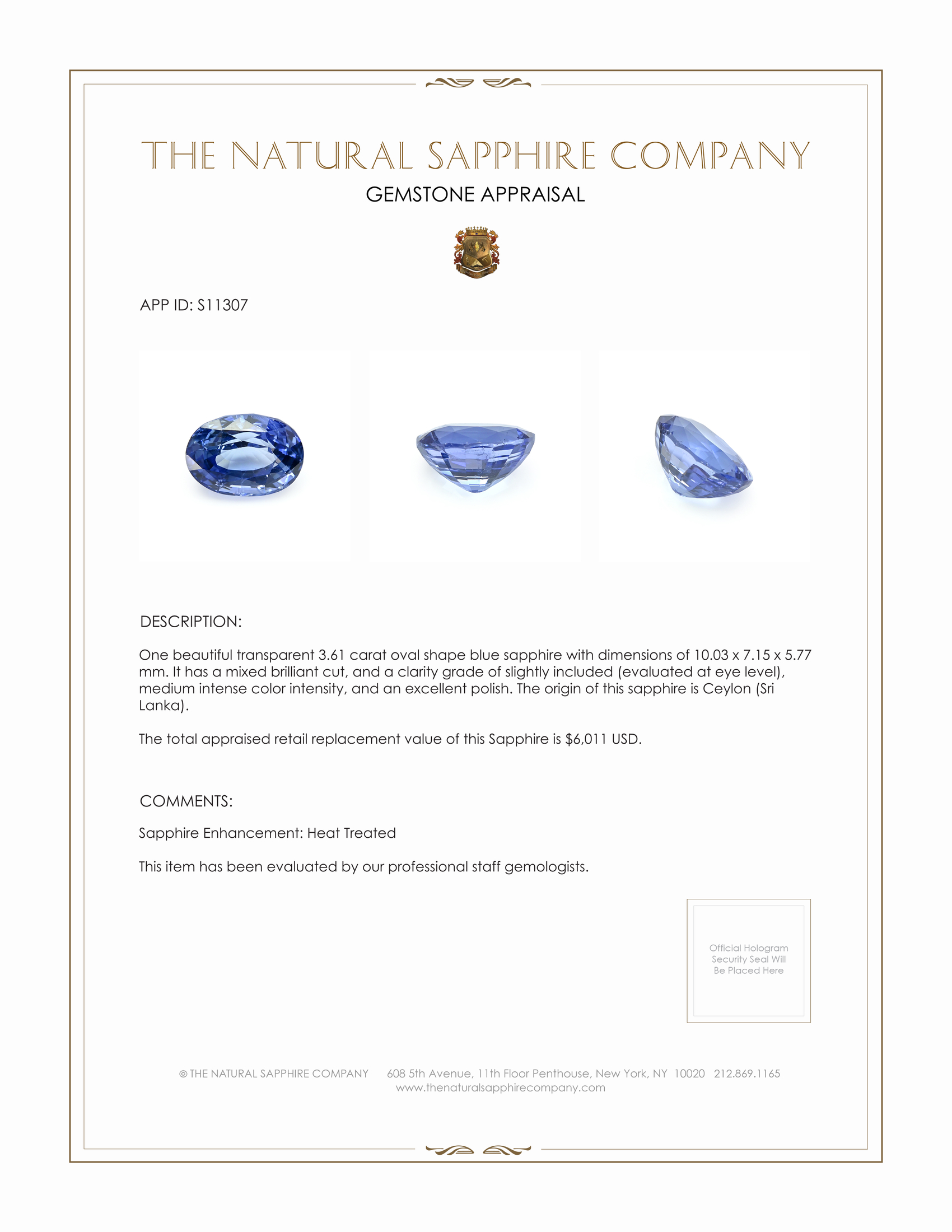 3.61 Ct. Blue Sapphire from Ceylon (Sri Lanka)
