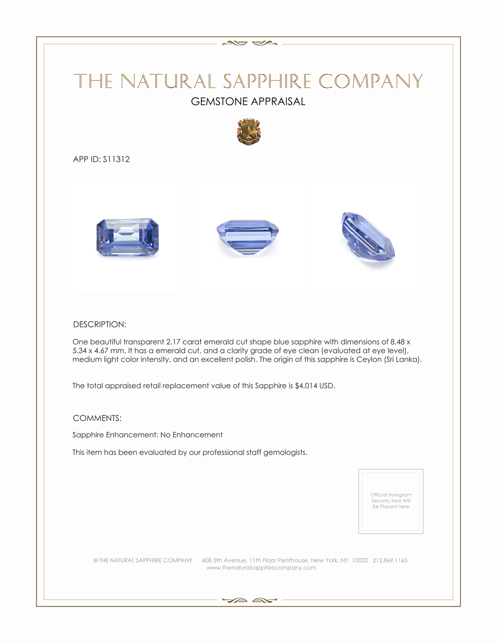 2.17 Ct. Blue Sapphire from Ceylon (Sri Lanka)