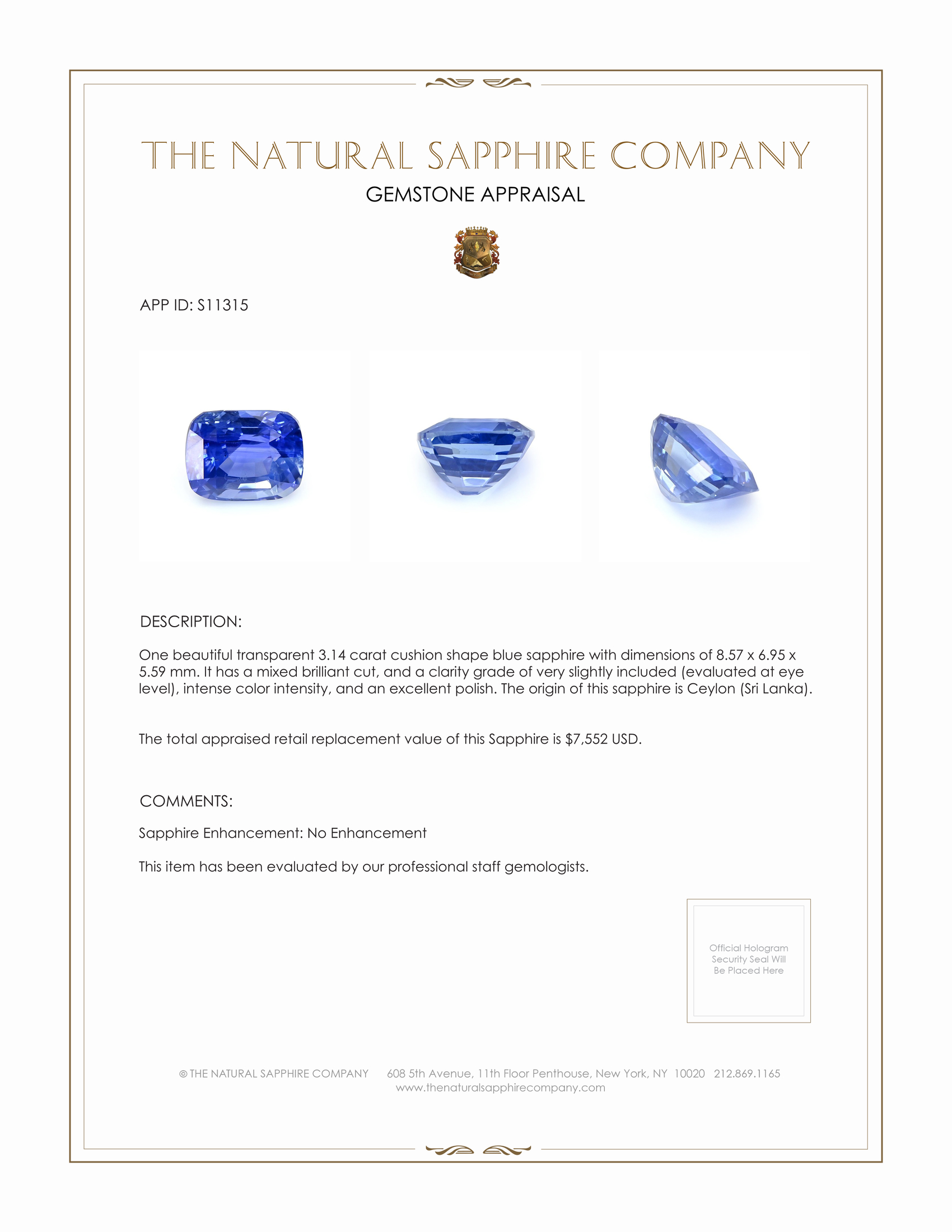 3.14 Ct. Blue Sapphire from Ceylon (Sri Lanka)