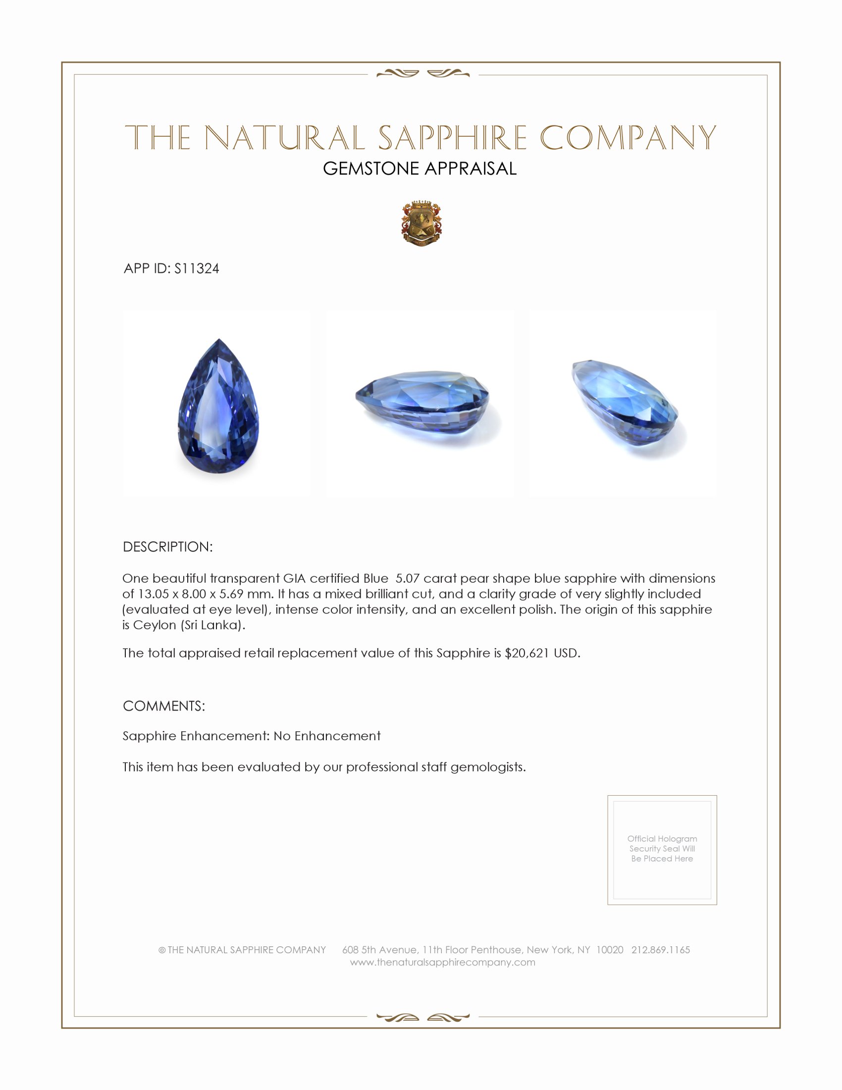 5.07 Ct. Blue Sapphire from Ceylon (Sri Lanka)