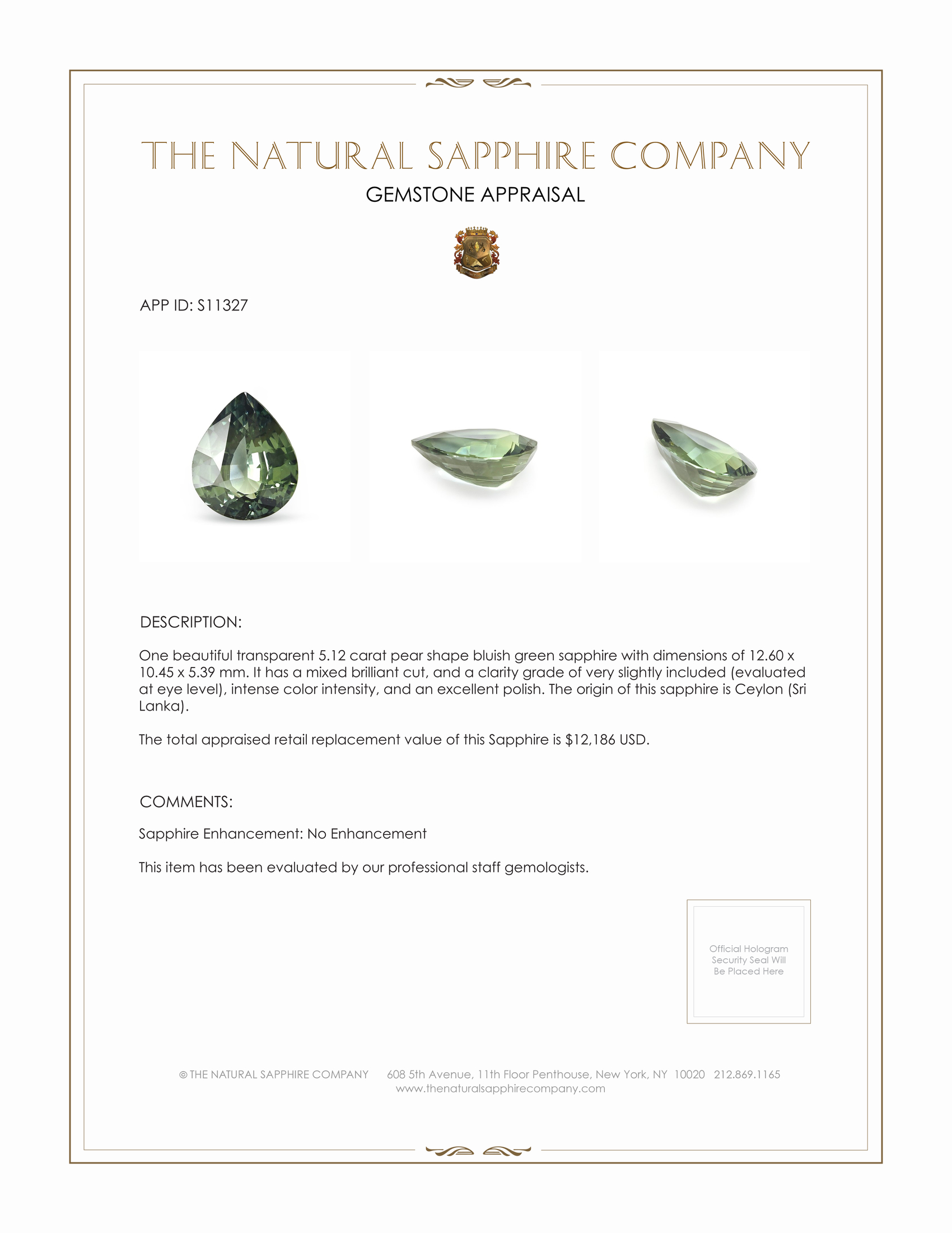 5.12 Ct. Bluish Green Sapphire from Ceylon (Sri Lanka)