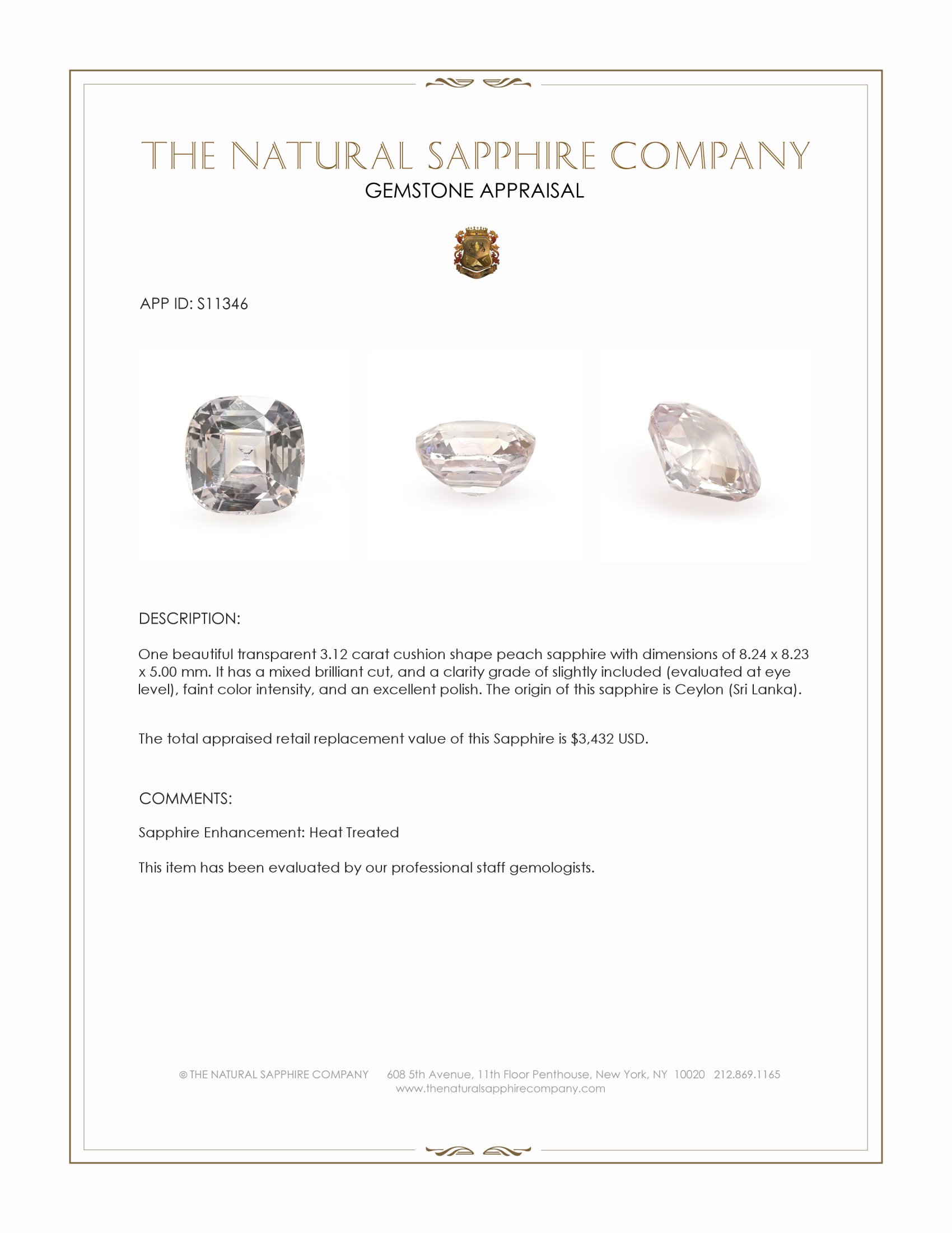 3.12 Ct. Peach Sapphire from Ceylon (Sri Lanka)