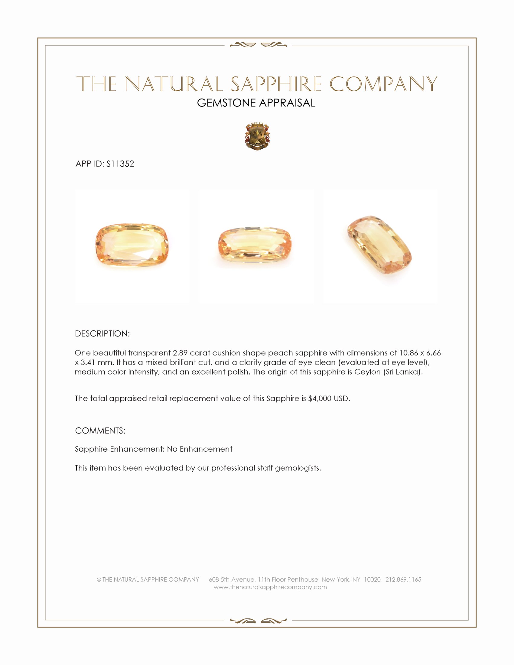 2.89 Ct. Peach Sapphire from Ceylon (Sri Lanka)