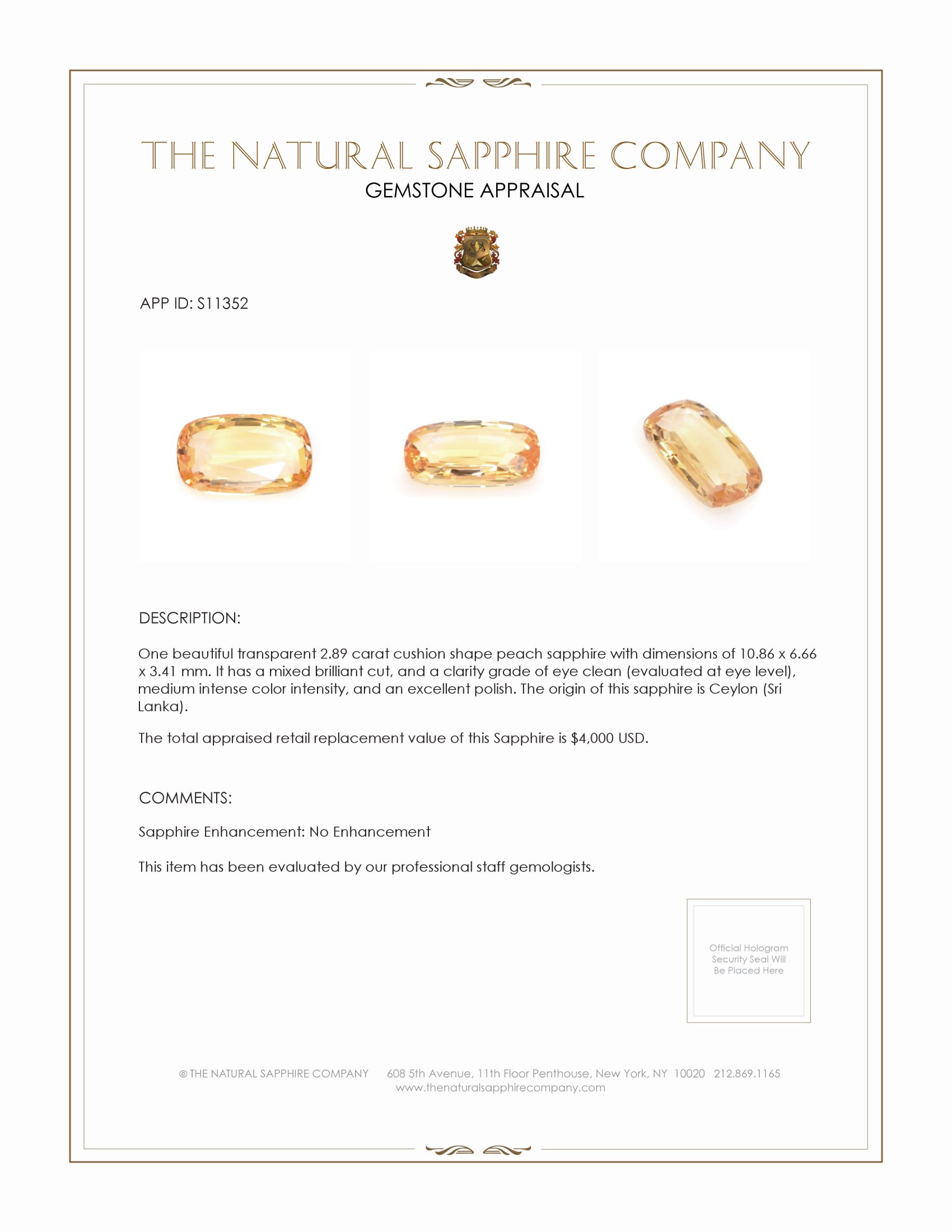 2.89 Ct. Peach Sapphire from Ceylon (Sri Lanka)