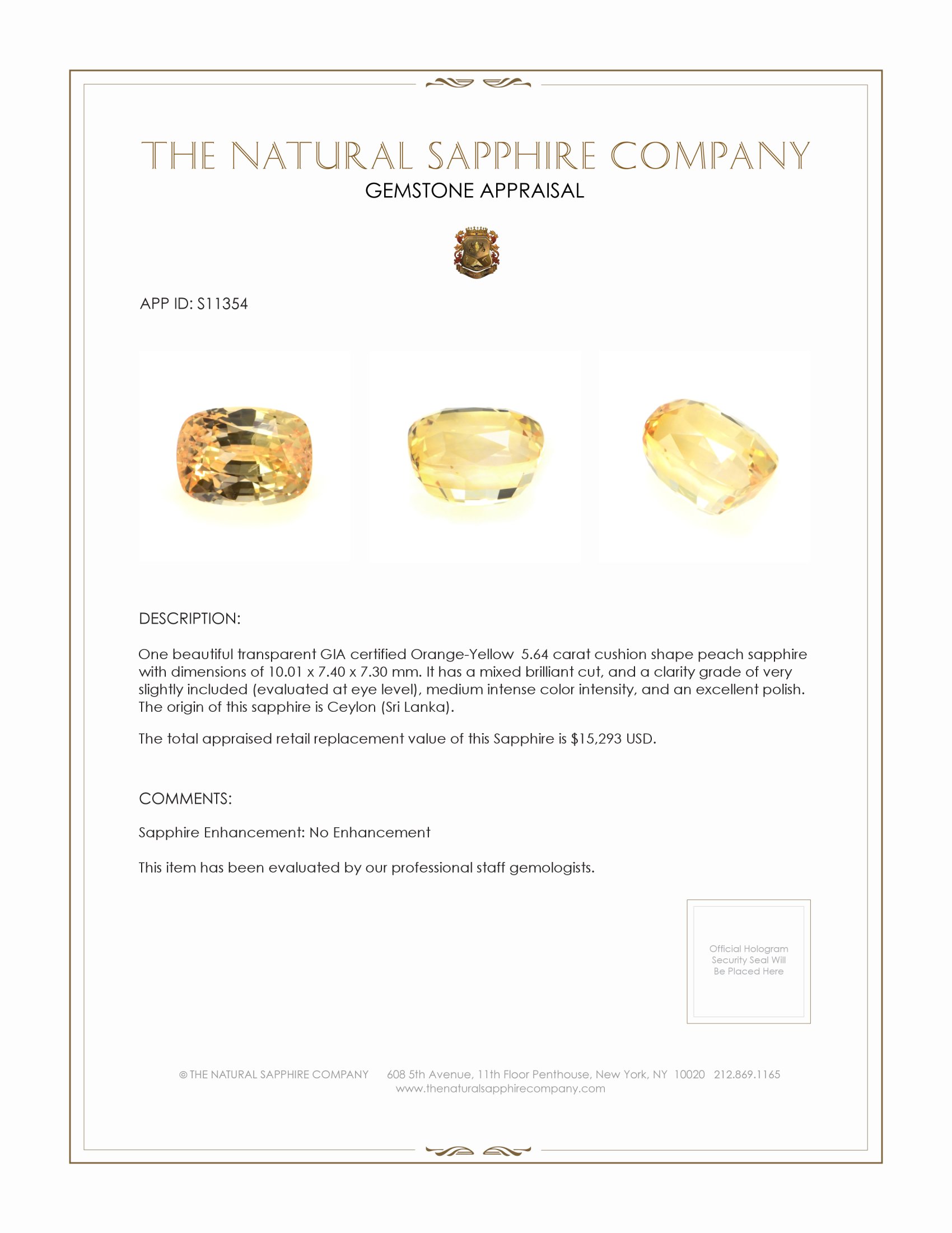 5.64 Ct. Peach Sapphire from Ceylon (Sri Lanka)