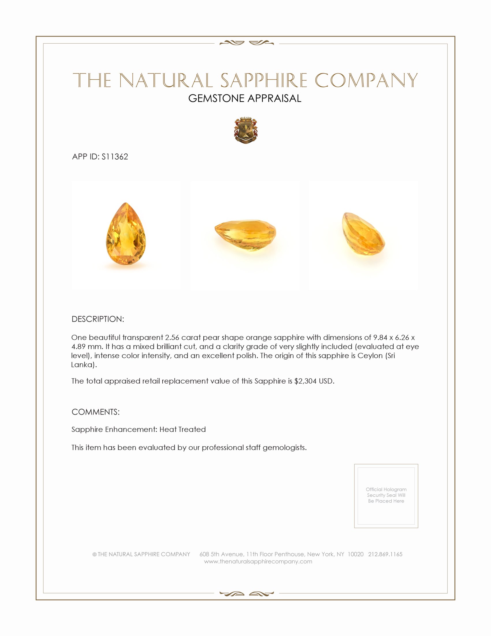 2.56 Ct. Orangish Yellow Sapphire from Ceylon (Sri Lanka)