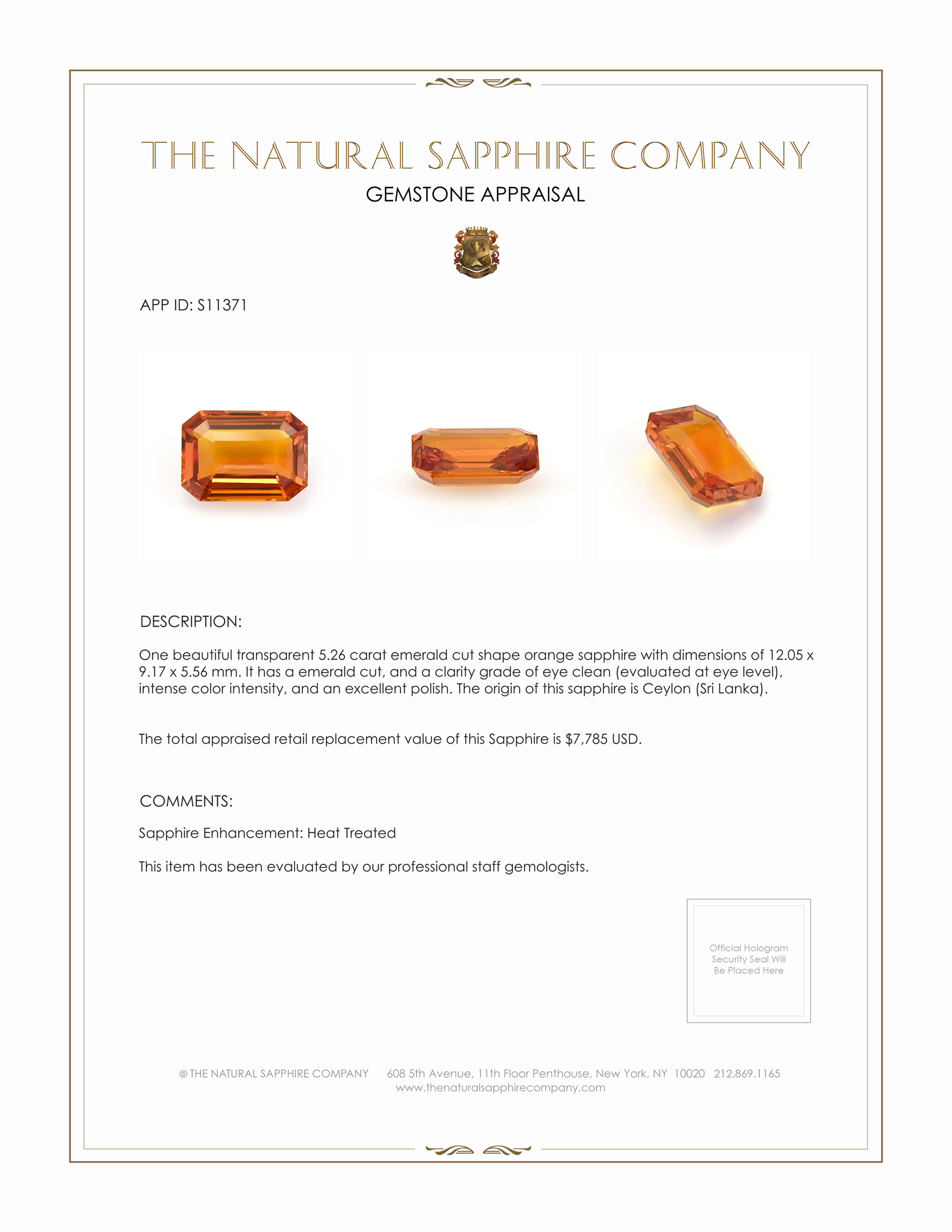 5.26 Ct. Orange Sapphire from Ceylon (Sri Lanka)