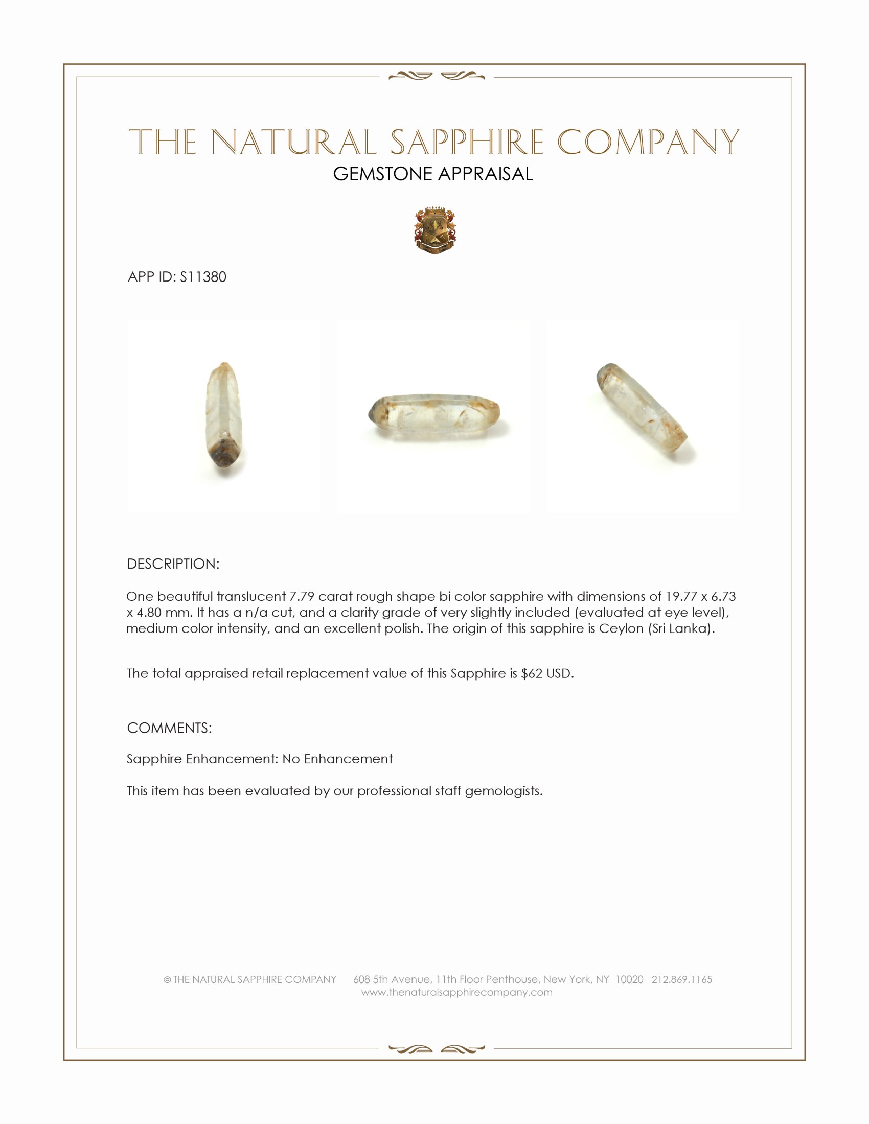 7.79 Ct. Bi Color Rough Sapphire from Ceylon (Sri Lanka)