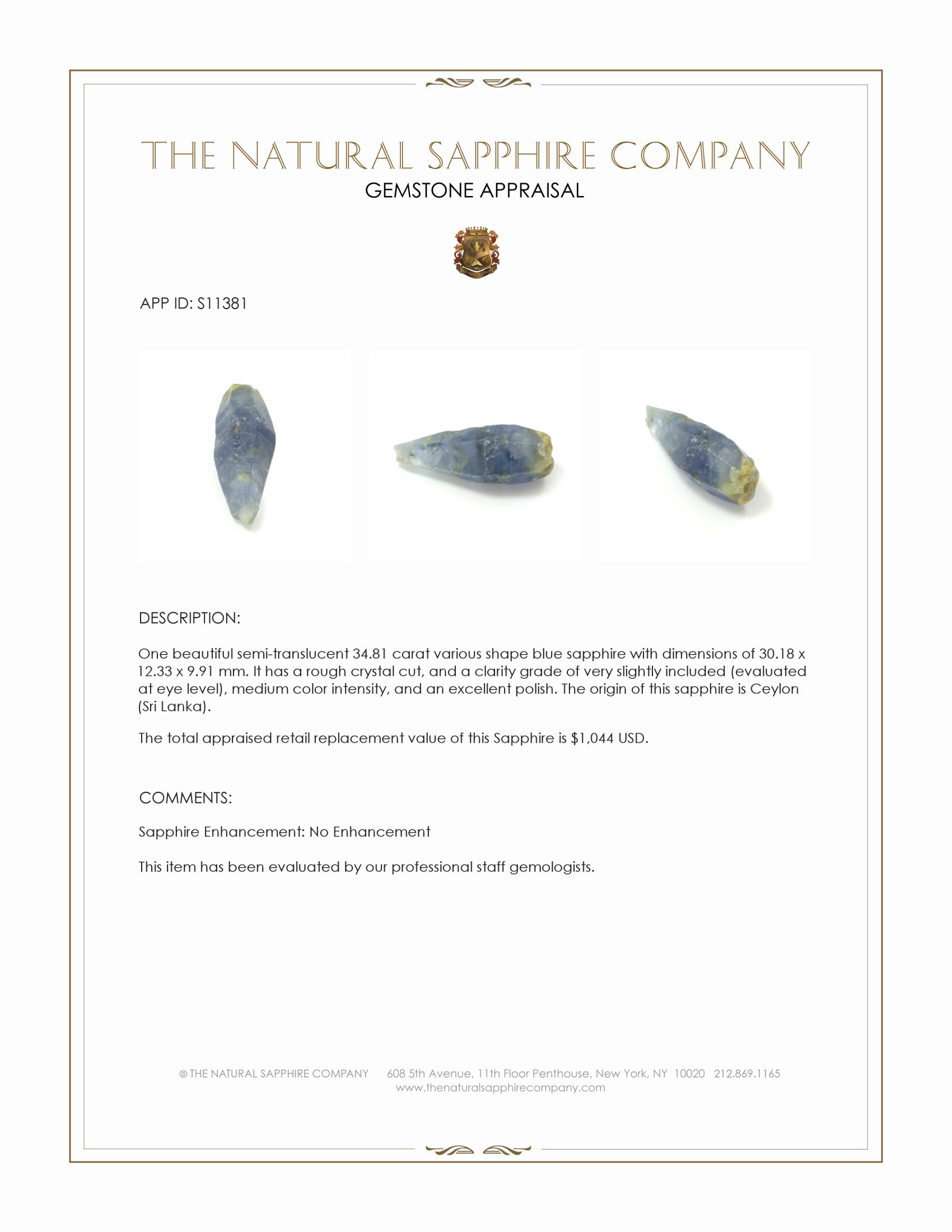 34.81 Ct. Blue Sapphire Crystal from Ceylon (Sri Lanka)