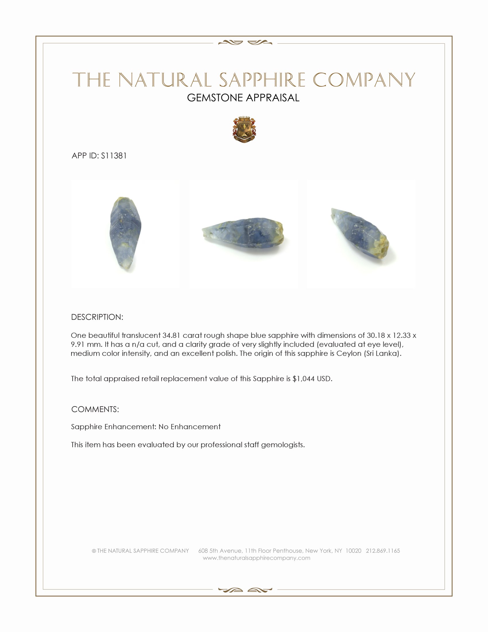 34.81 Ct. Blue Rough Sapphire from Ceylon (Sri Lanka)