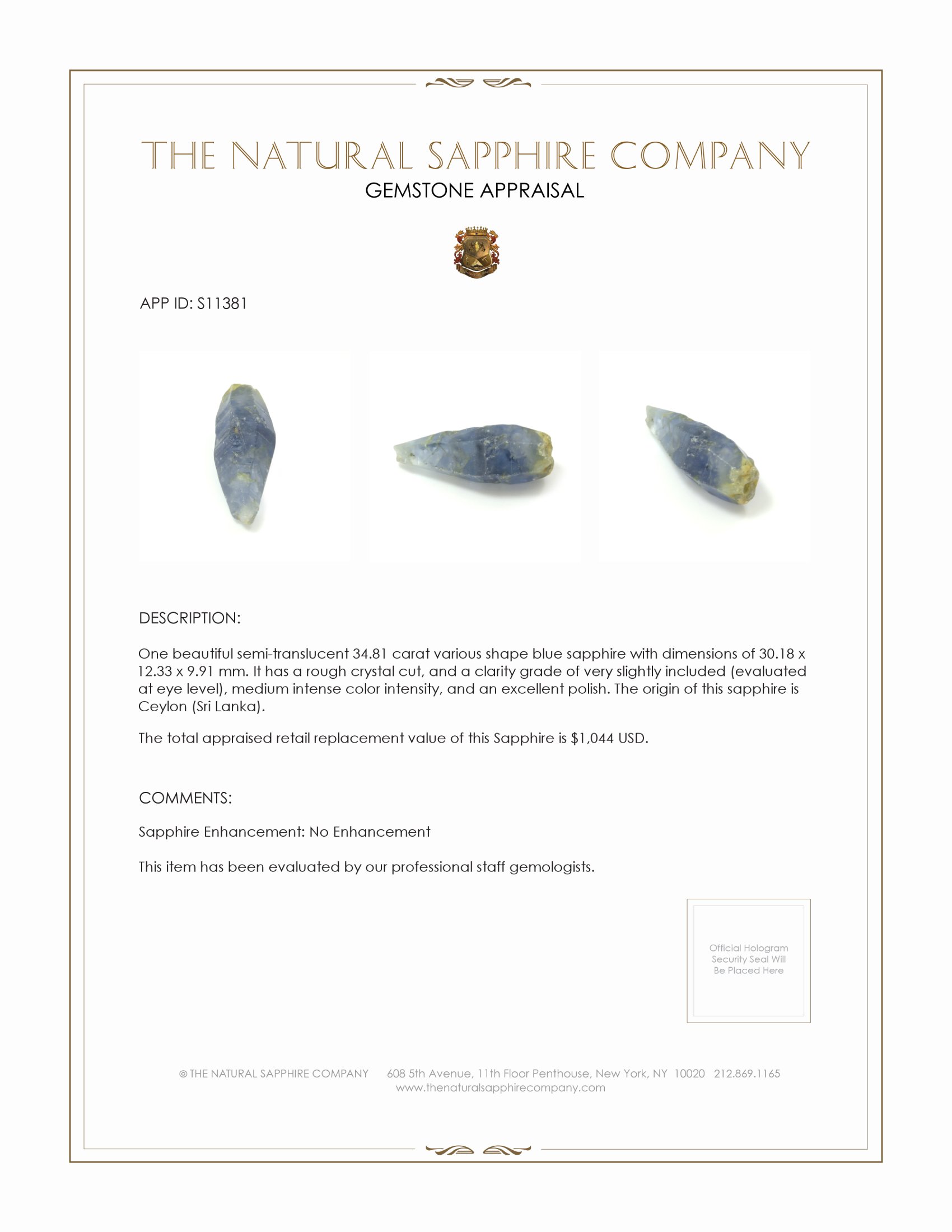 34.81 Ct. Blue Sapphire Crystal from Ceylon (Sri Lanka)