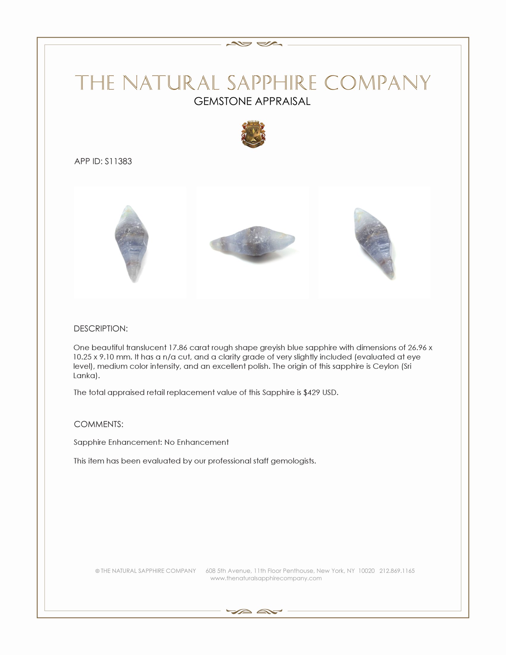 17.86 Ct. Greyish Blue Rough Sapphire from Ceylon (Sri Lanka)