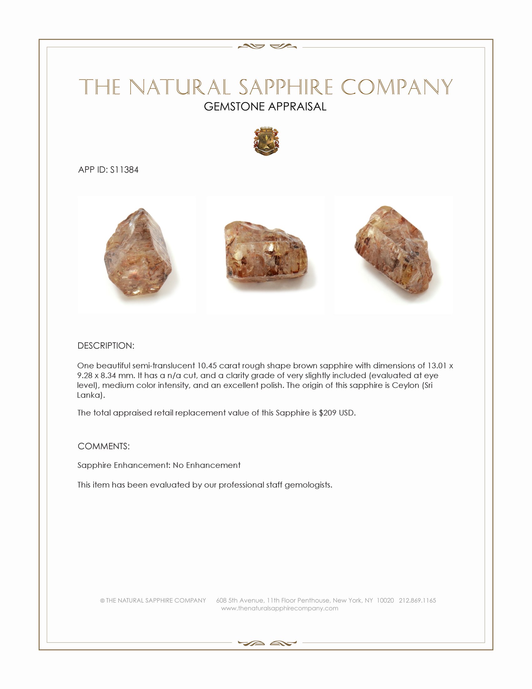 10.45 Ct. Brown Sapphire Crystal from Ceylon (Sri Lanka)