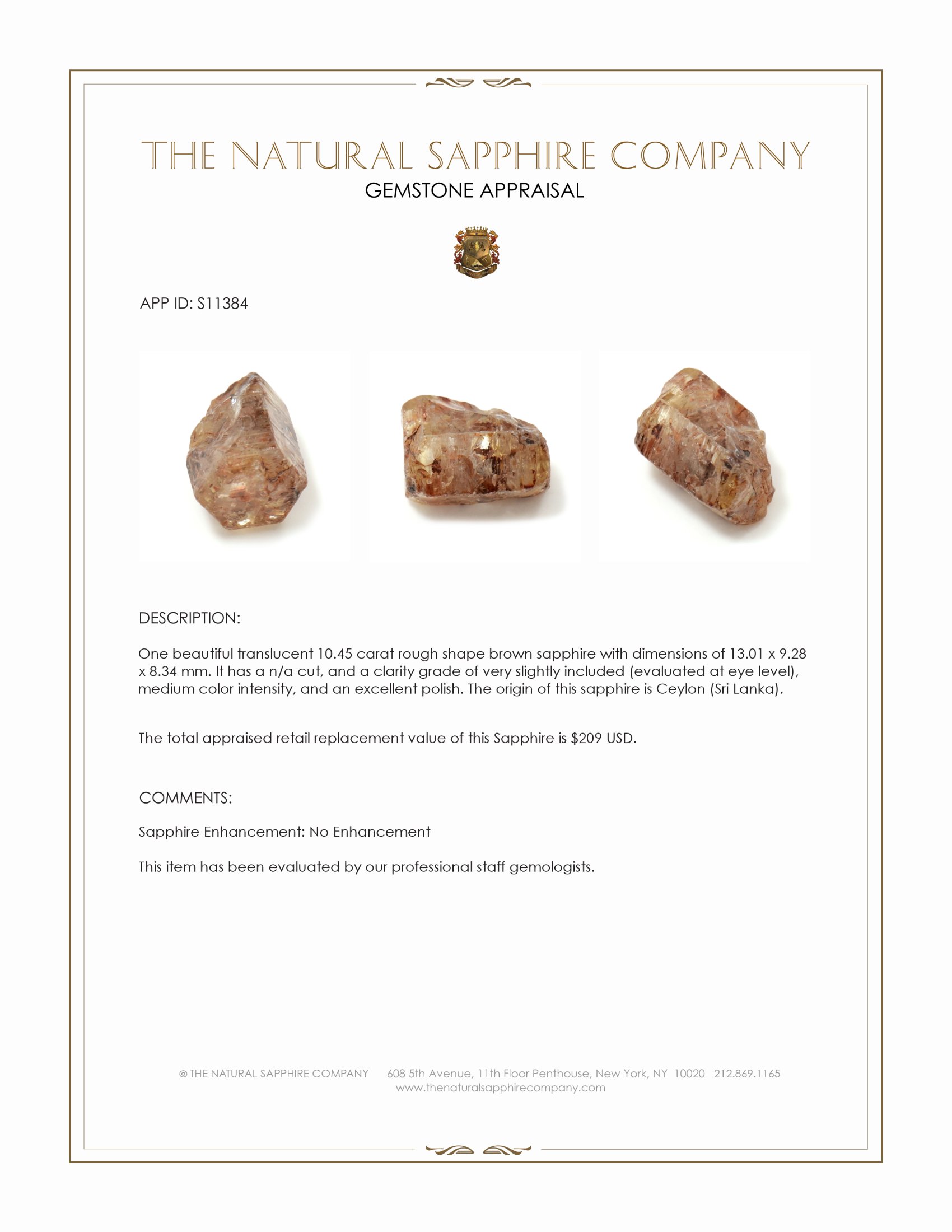 10.45 Ct. Brown Rough Sapphire from Ceylon (Sri Lanka)