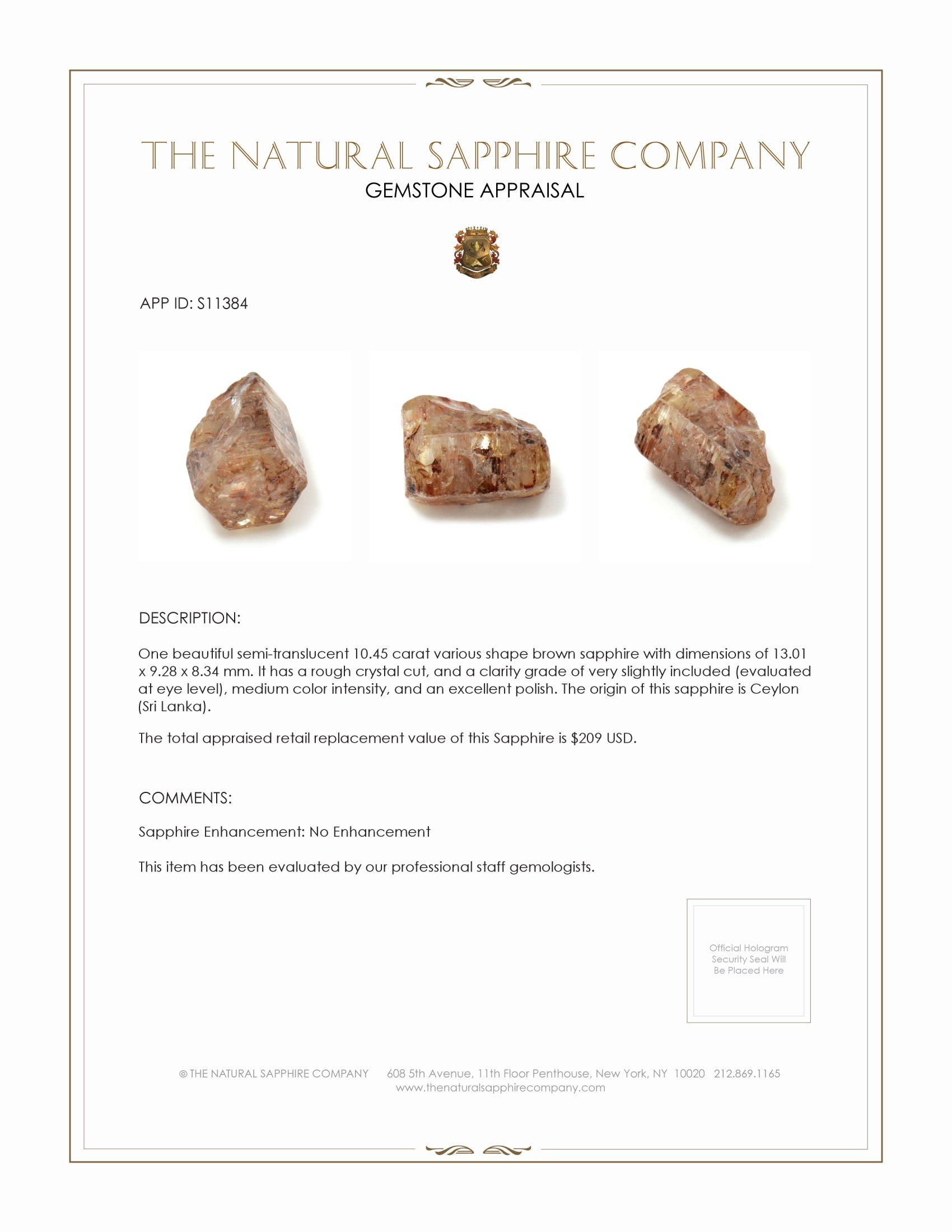 10.45 Ct. Brown Sapphire Crystal from Ceylon (Sri Lanka)