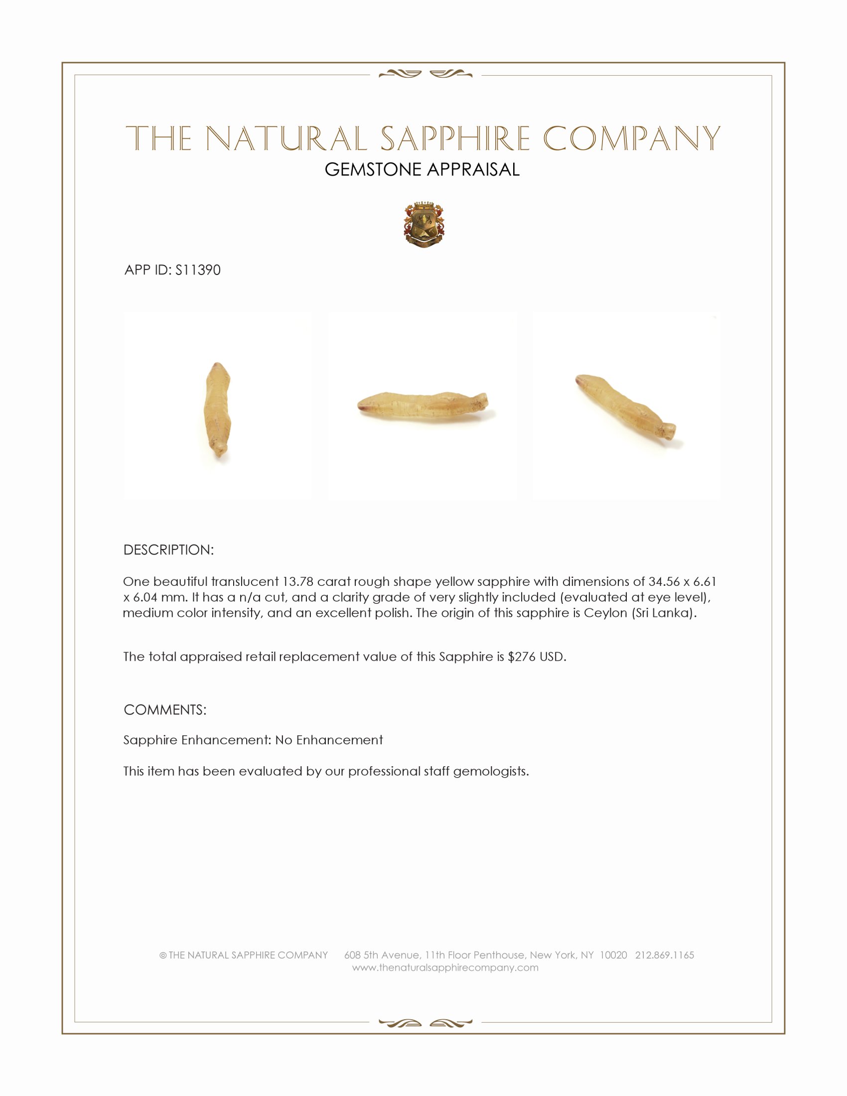 13.78 Ct. Yellow Rough Sapphire from Ceylon (Sri Lanka)