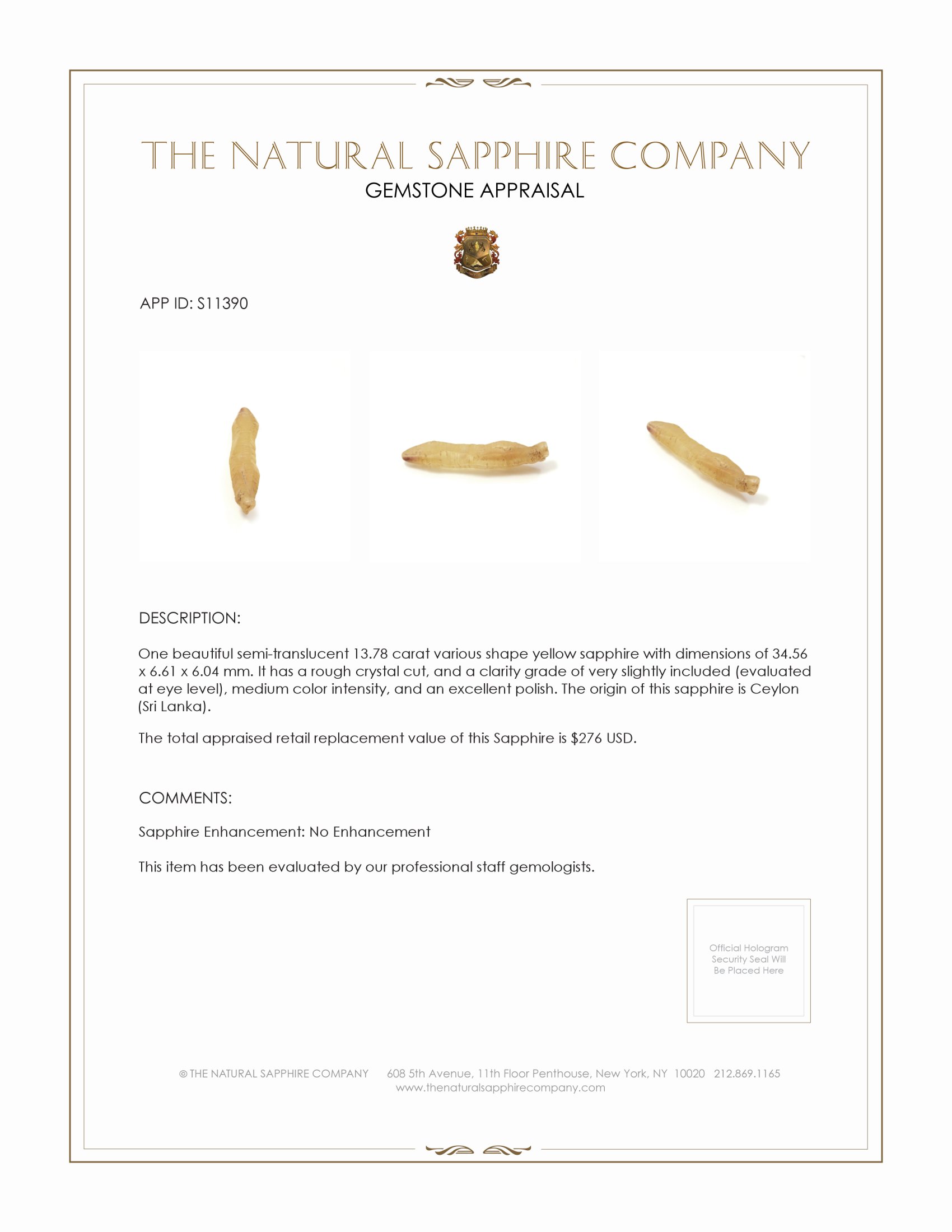 13.78 Ct. Yellow Sapphire Crystal from Ceylon (Sri Lanka)