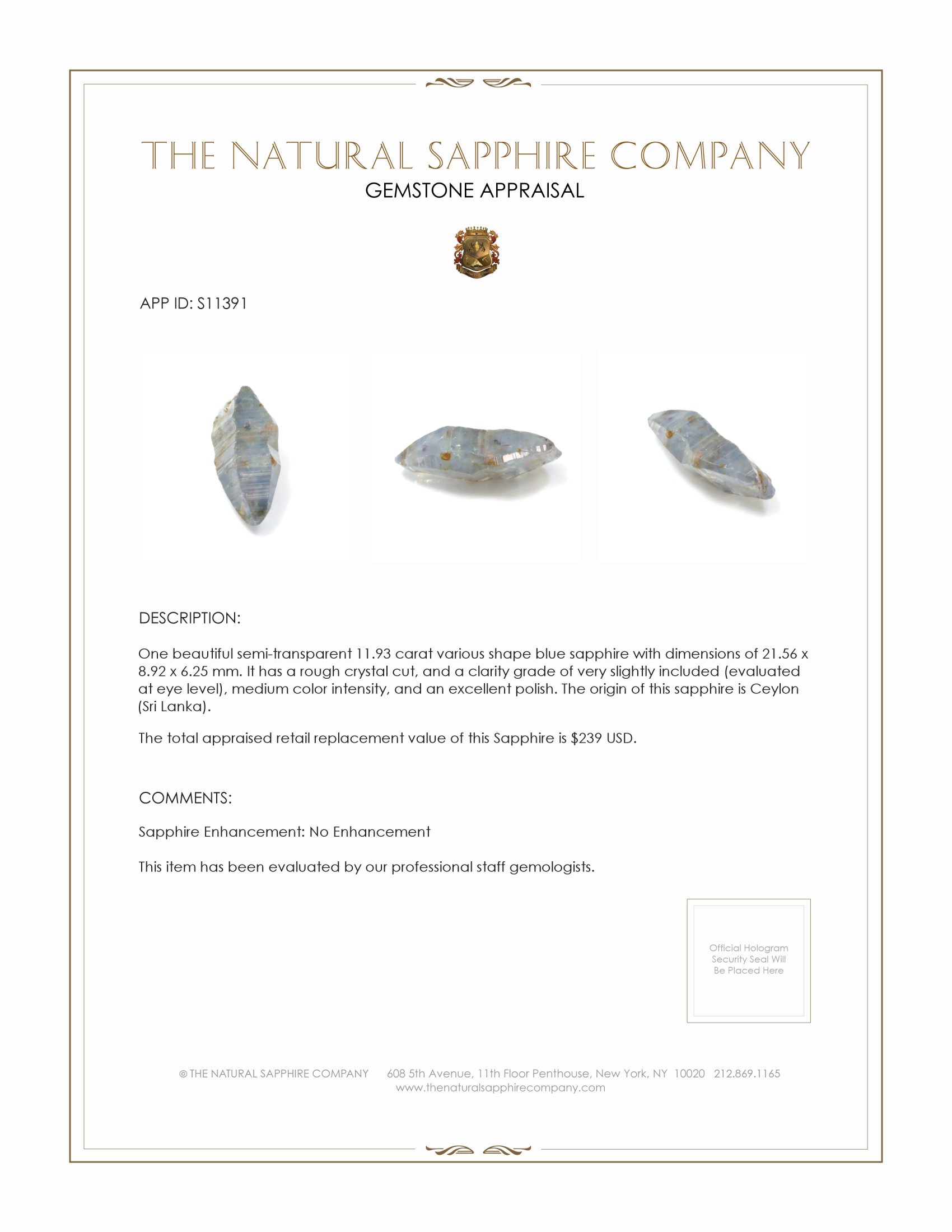 11.93 Ct. Blue Rough Sapphire from Ceylon (Sri Lanka)