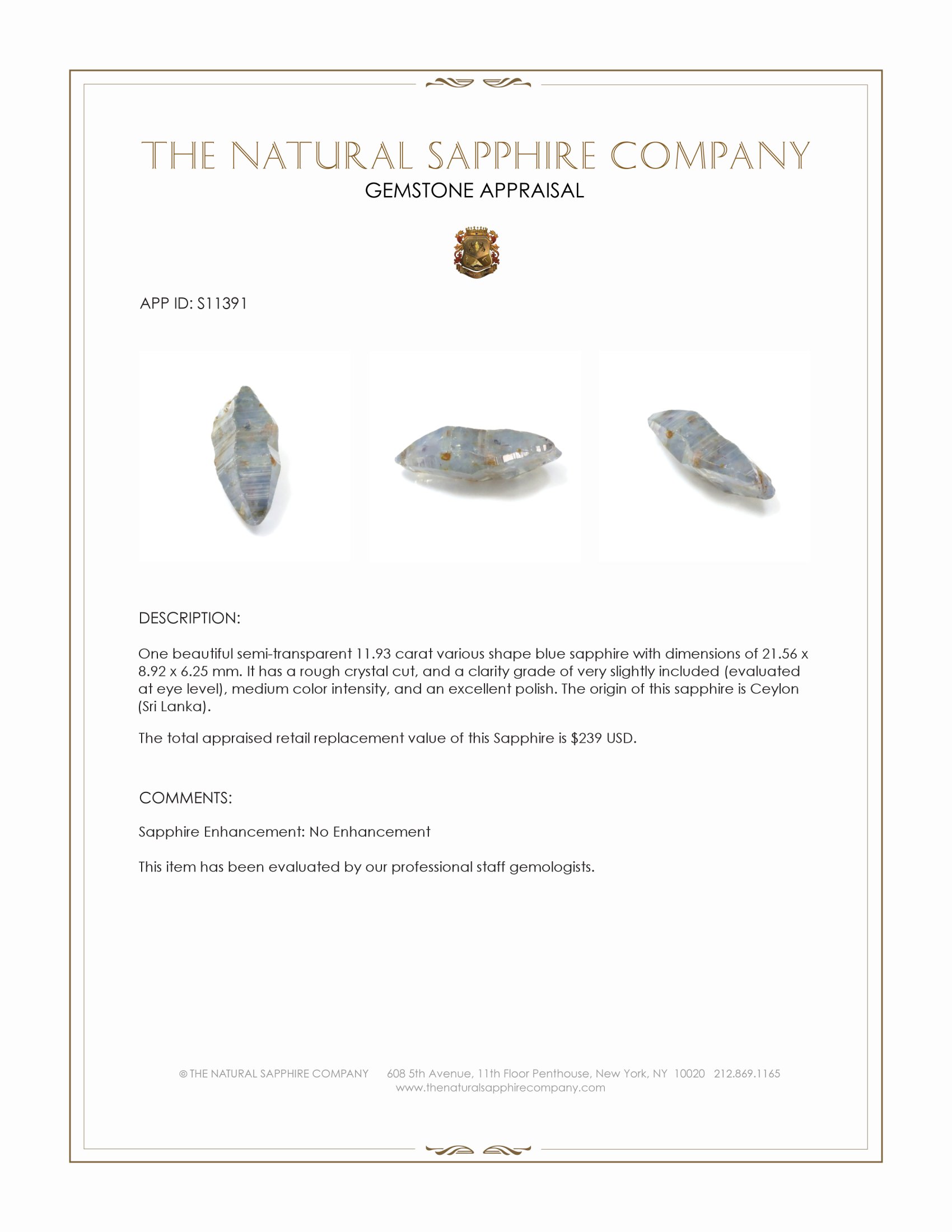 11.93 Ct. Blue Sapphire Crystal from Ceylon (Sri Lanka)