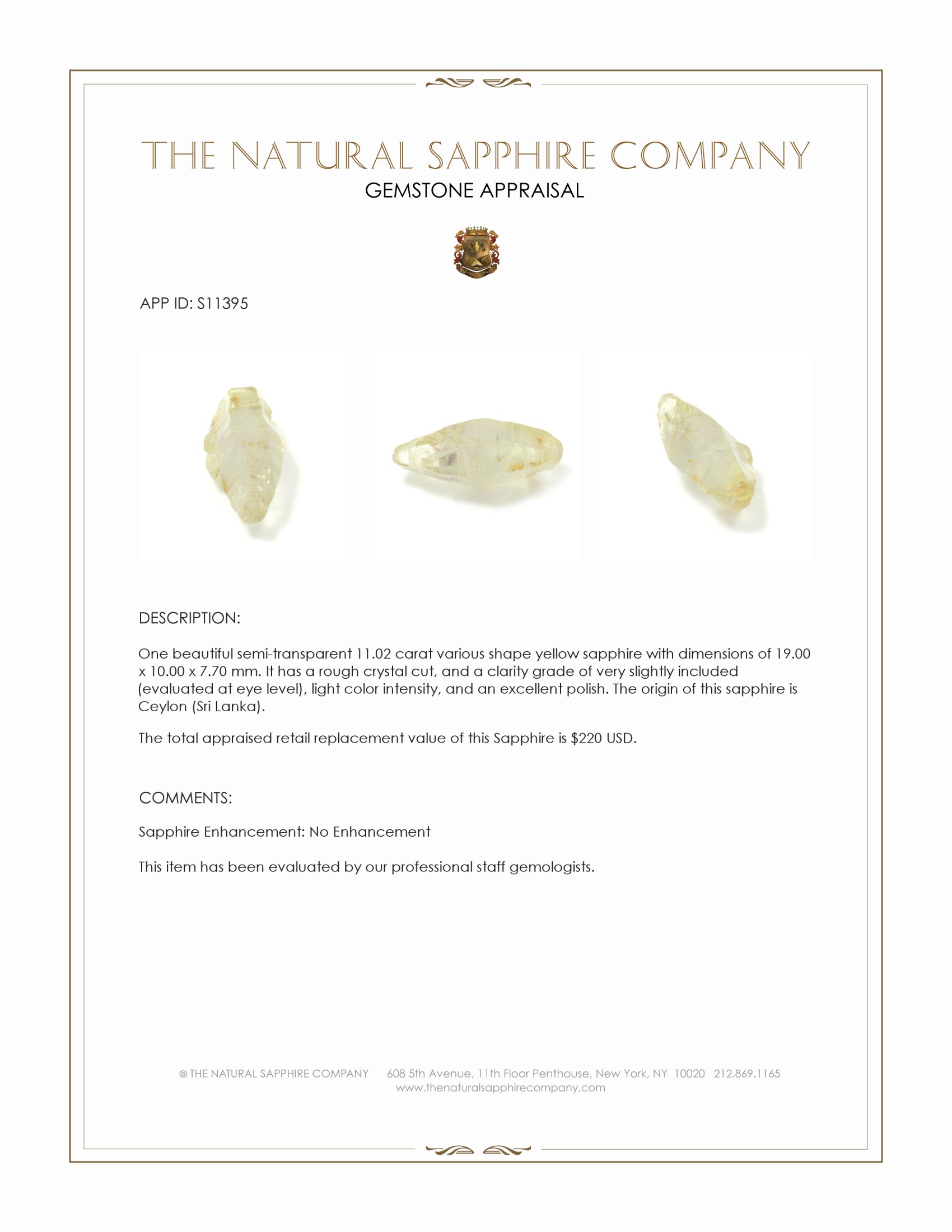 11.02 Ct. Yellow Sapphire Crystal from Ceylon (Sri Lanka)