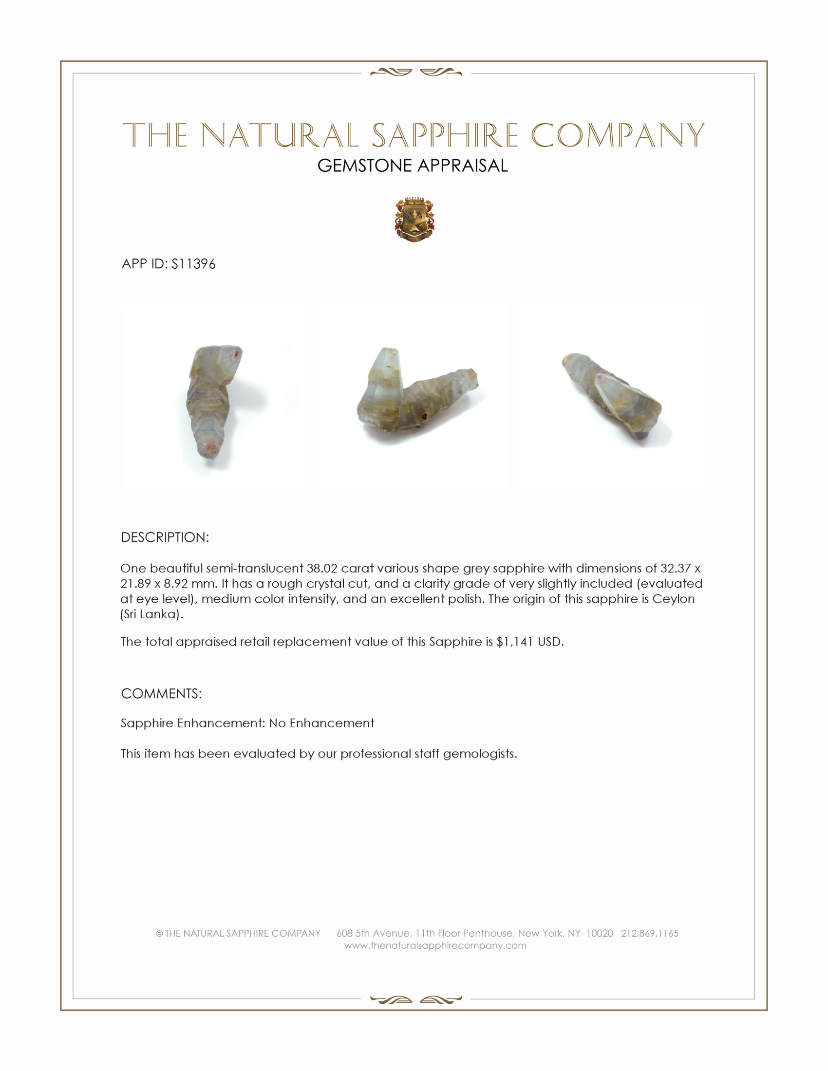 38.02 Ct. Grey Sapphire Crystal from Ceylon (Sri Lanka)