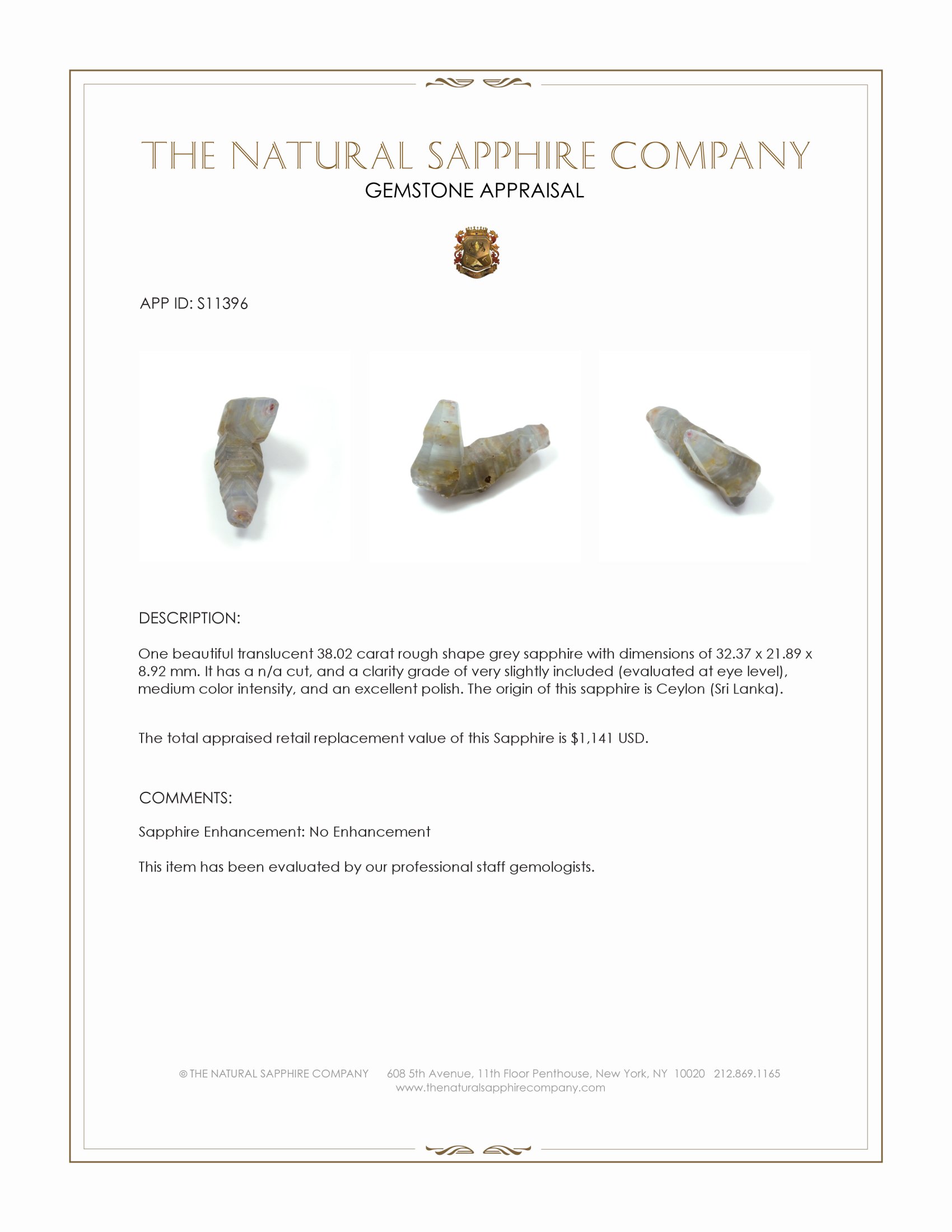 38.02 Ct. Grey Rough Sapphire from Ceylon (Sri Lanka)