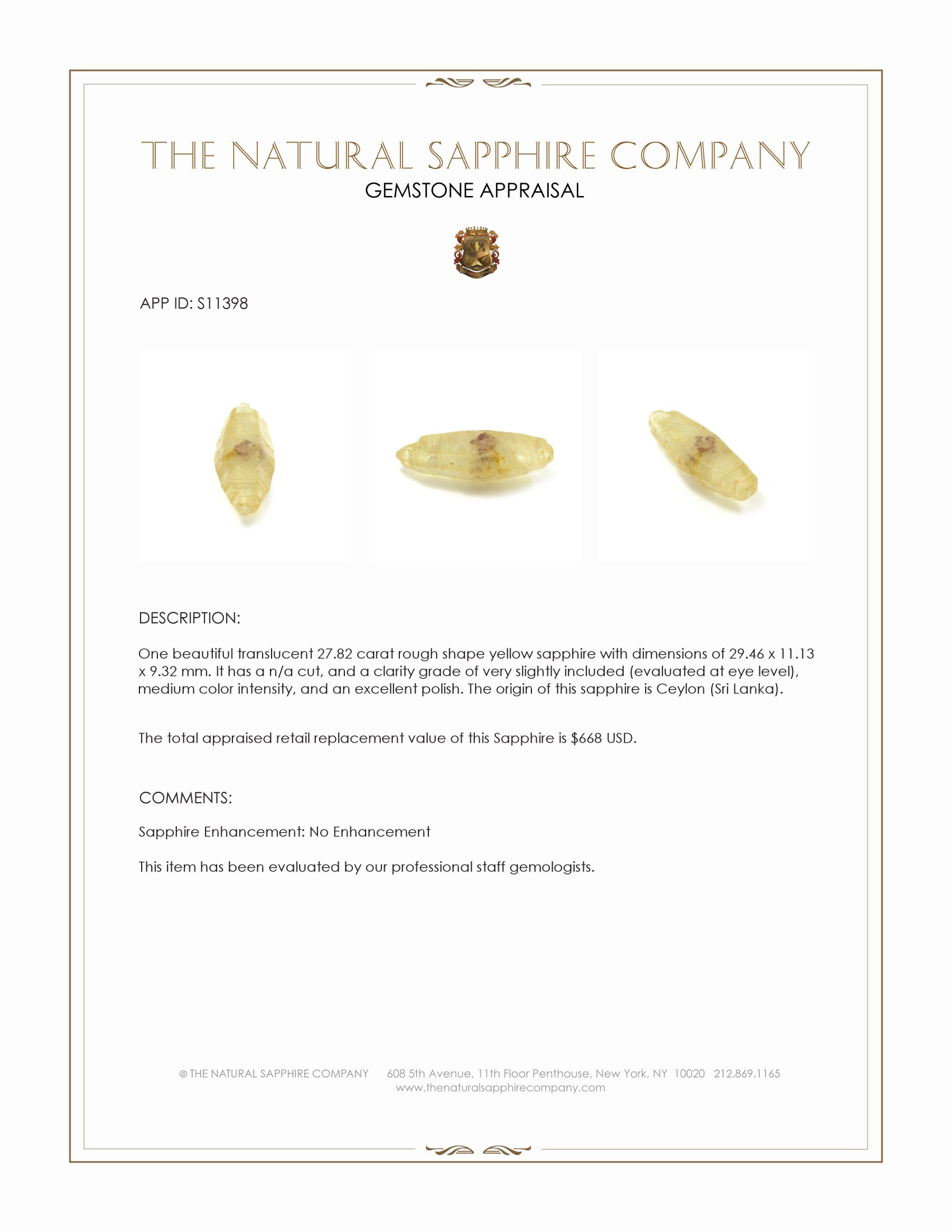 27.82 Ct. Yellow Rough Sapphire from Ceylon (Sri Lanka)