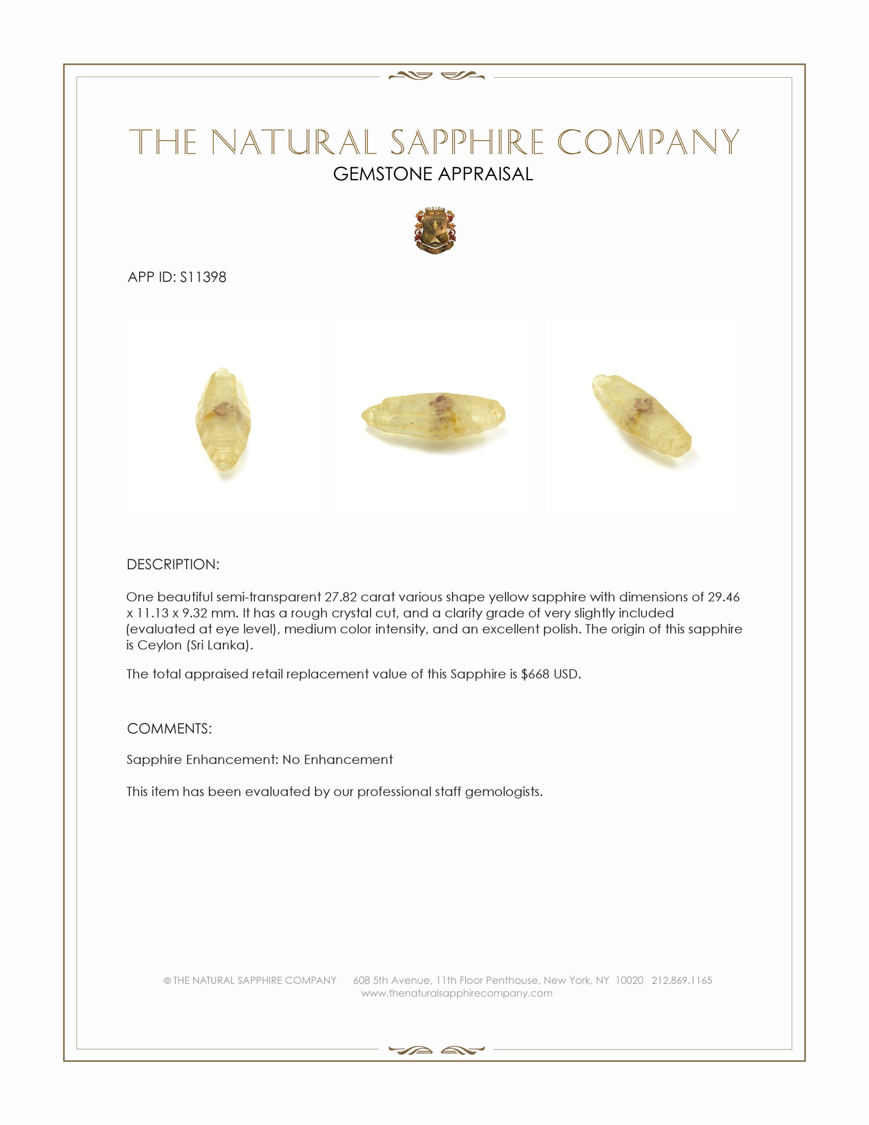 27.82 Ct. Yellow Sapphire Crystal from Ceylon (Sri Lanka)