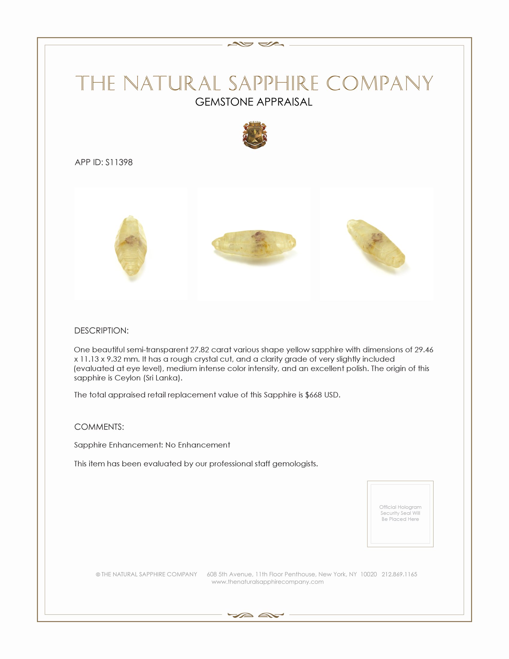 27.82 Ct. Yellow Sapphire Crystal from Ceylon (Sri Lanka)