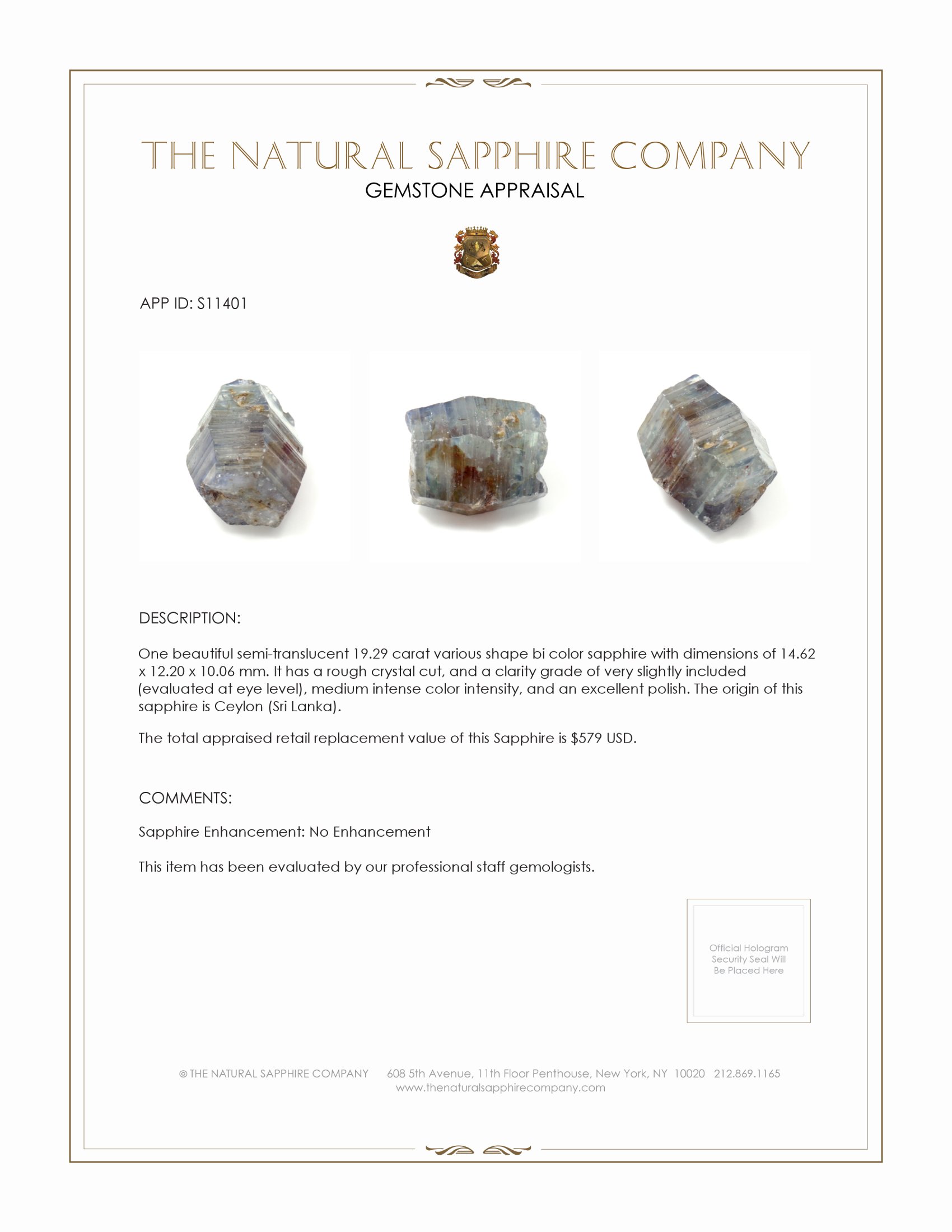 19.29 Ct. Bi Color Sapphire Crystal from Ceylon (Sri Lanka)