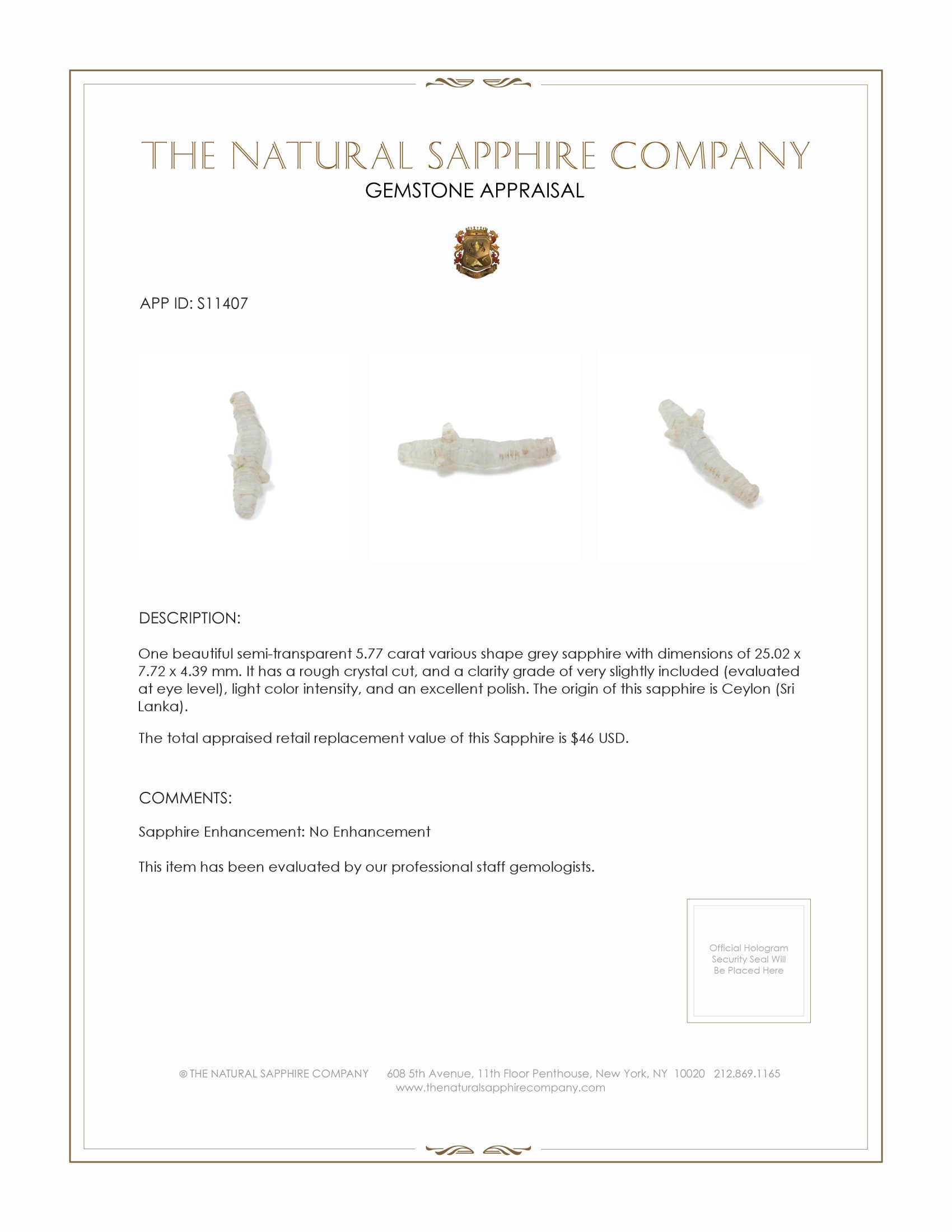 5.77 Ct. Grey Sapphire Crystal from Ceylon (Sri Lanka)