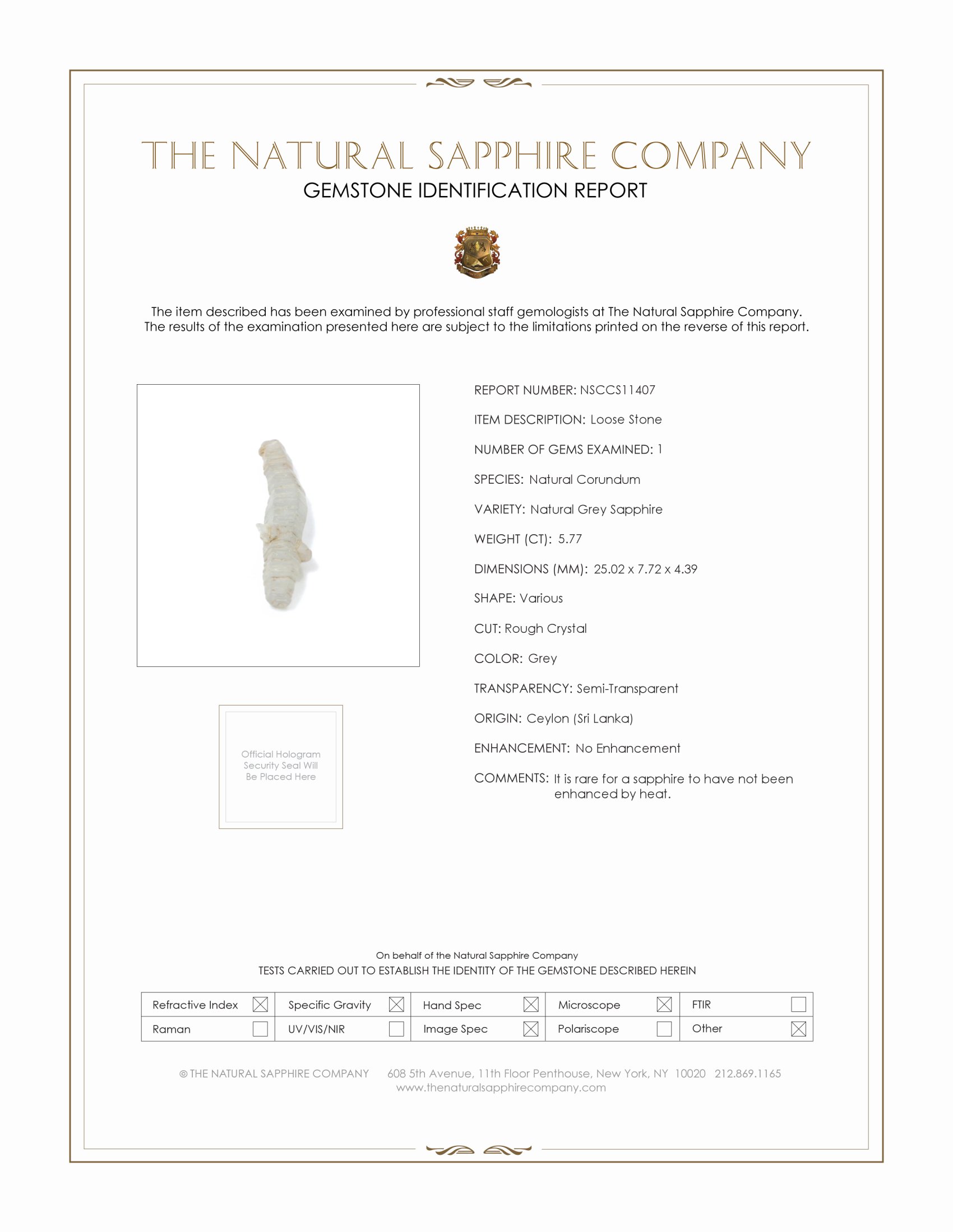 5.77 Ct. Grey Sapphire Crystal from Ceylon (Sri Lanka)