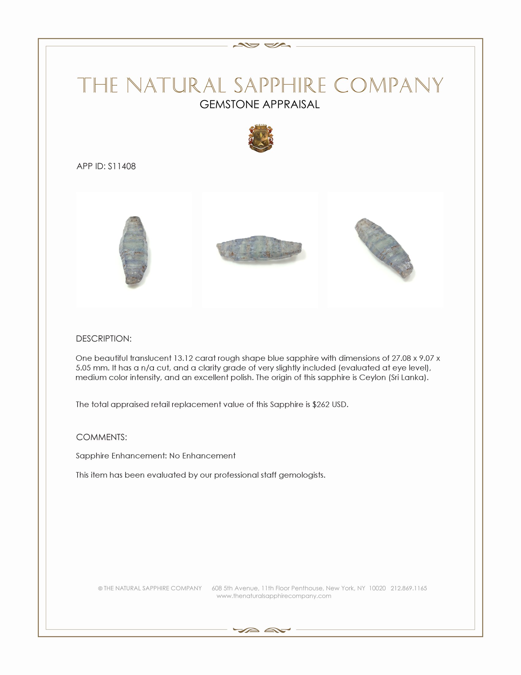 13.12 Ct. Blue Rough Sapphire from Ceylon (Sri Lanka)