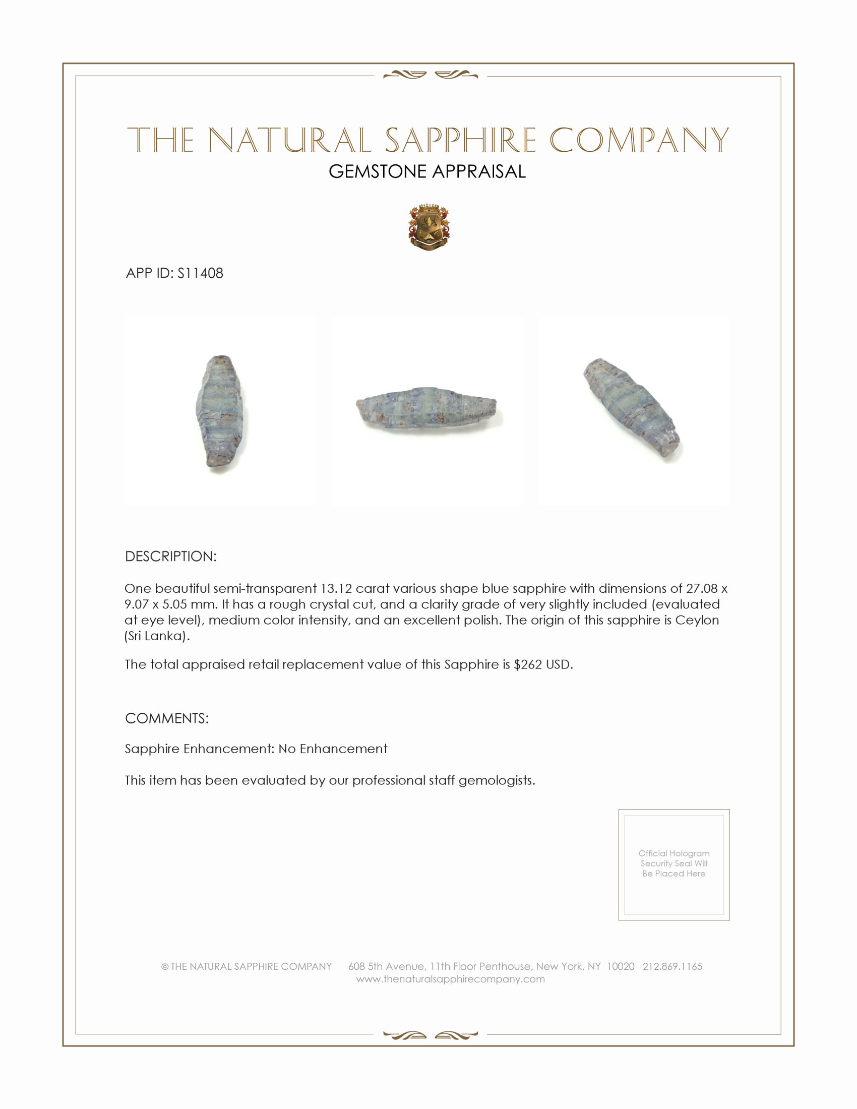 13.12 Ct. Blue Sapphire Crystal from Ceylon (Sri Lanka)