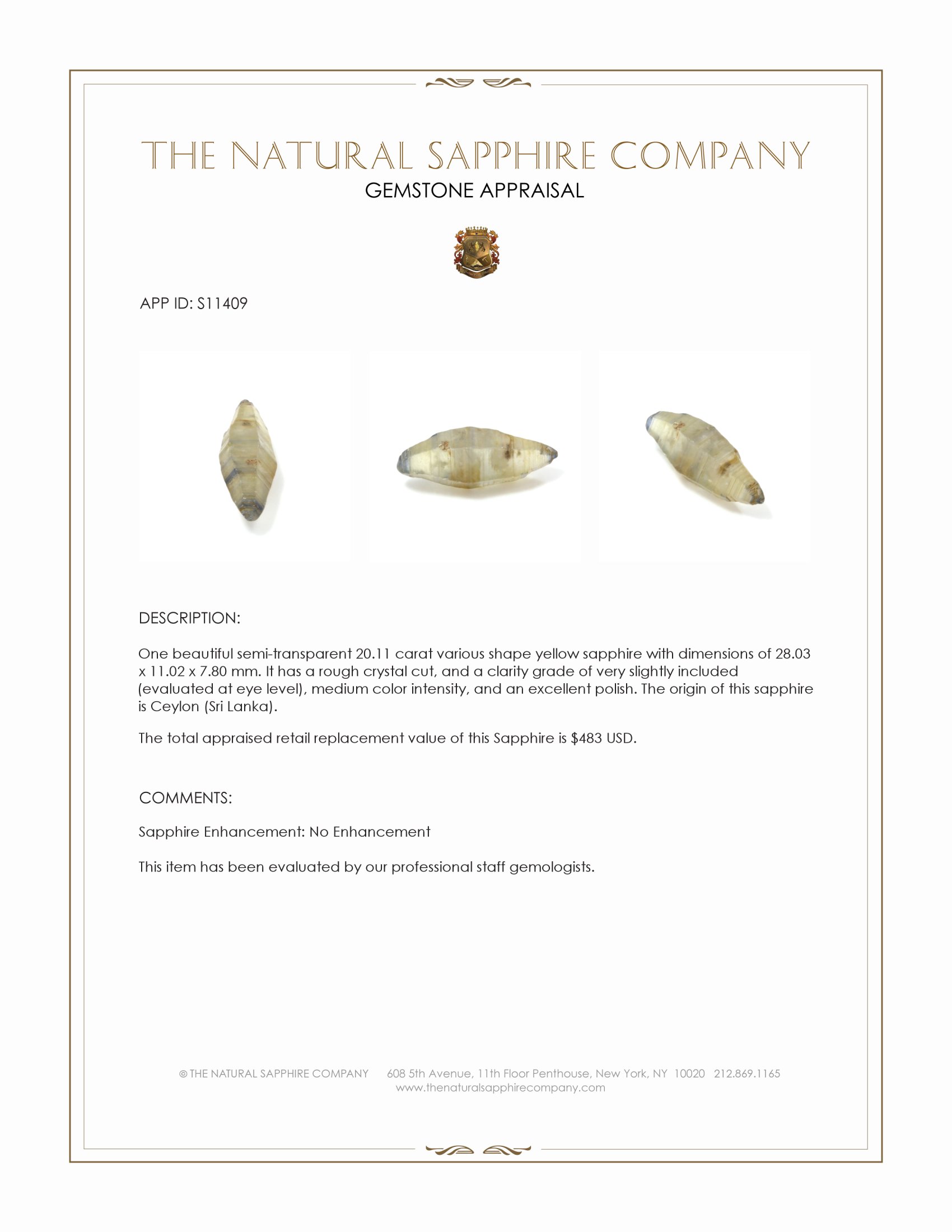 20.11 Ct. Yellow Sapphire Crystal from Ceylon (Sri Lanka)