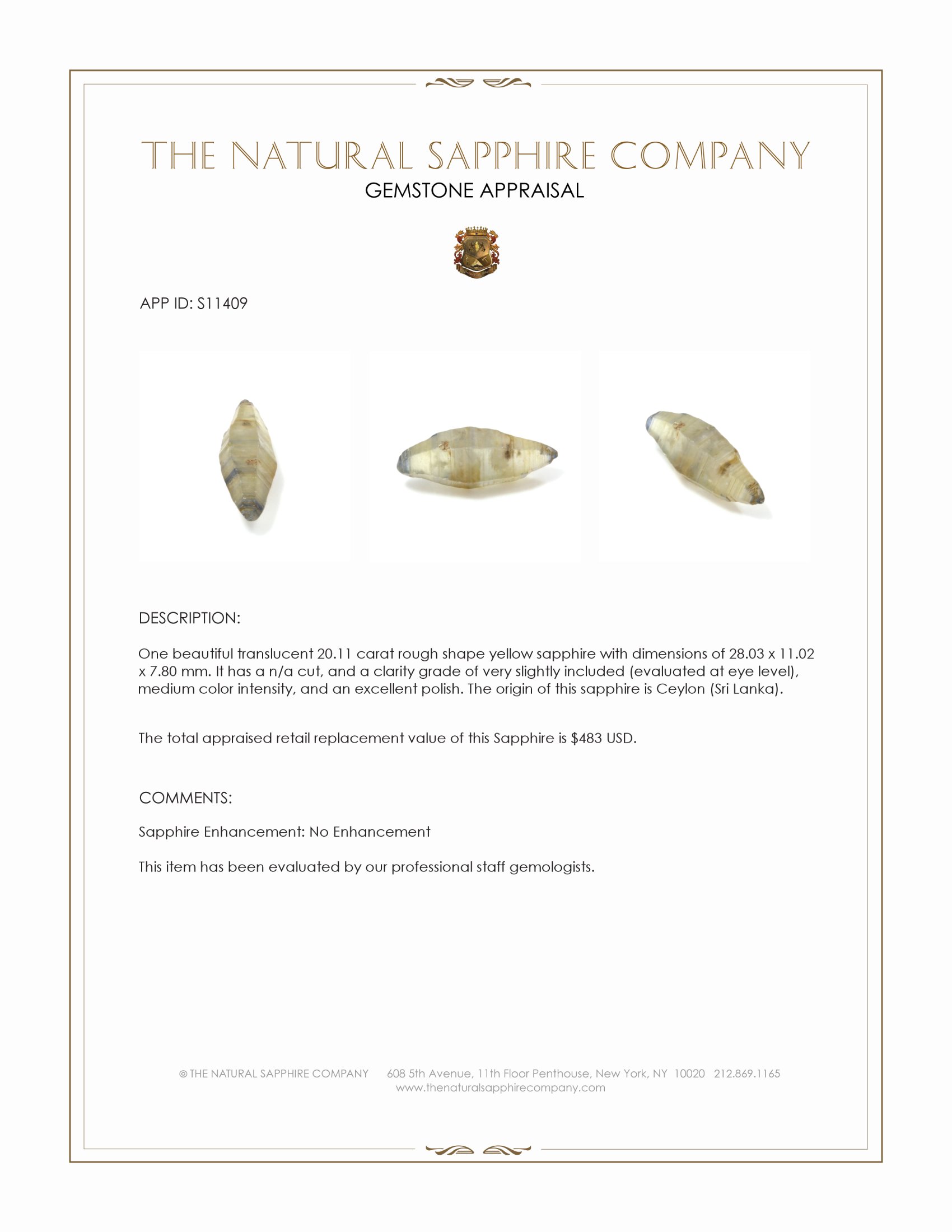 20.11 Ct. Yellow Rough Sapphire from Ceylon (Sri Lanka)