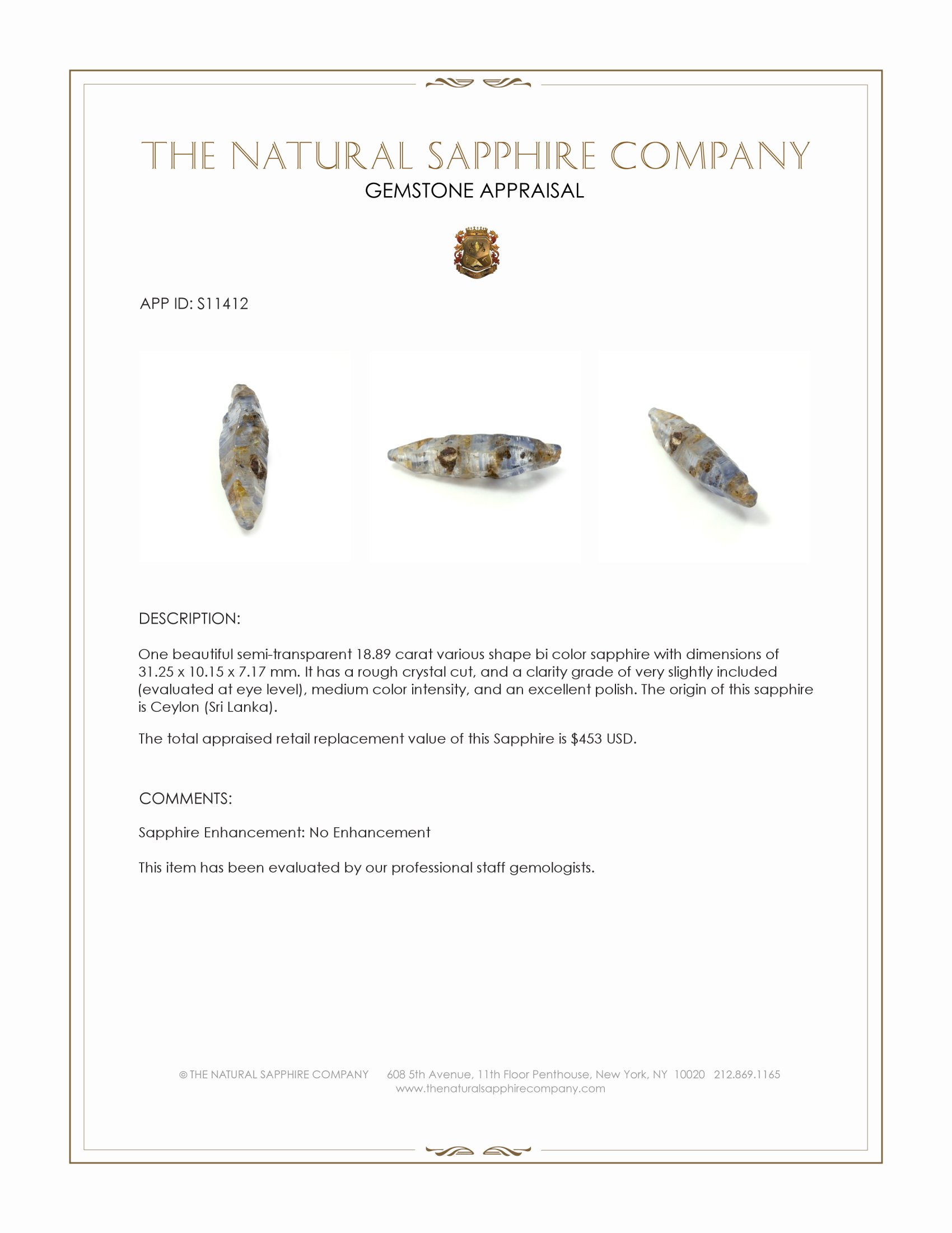 18.89 Ct. Bi Color Sapphire Crystal from Ceylon (Sri Lanka)