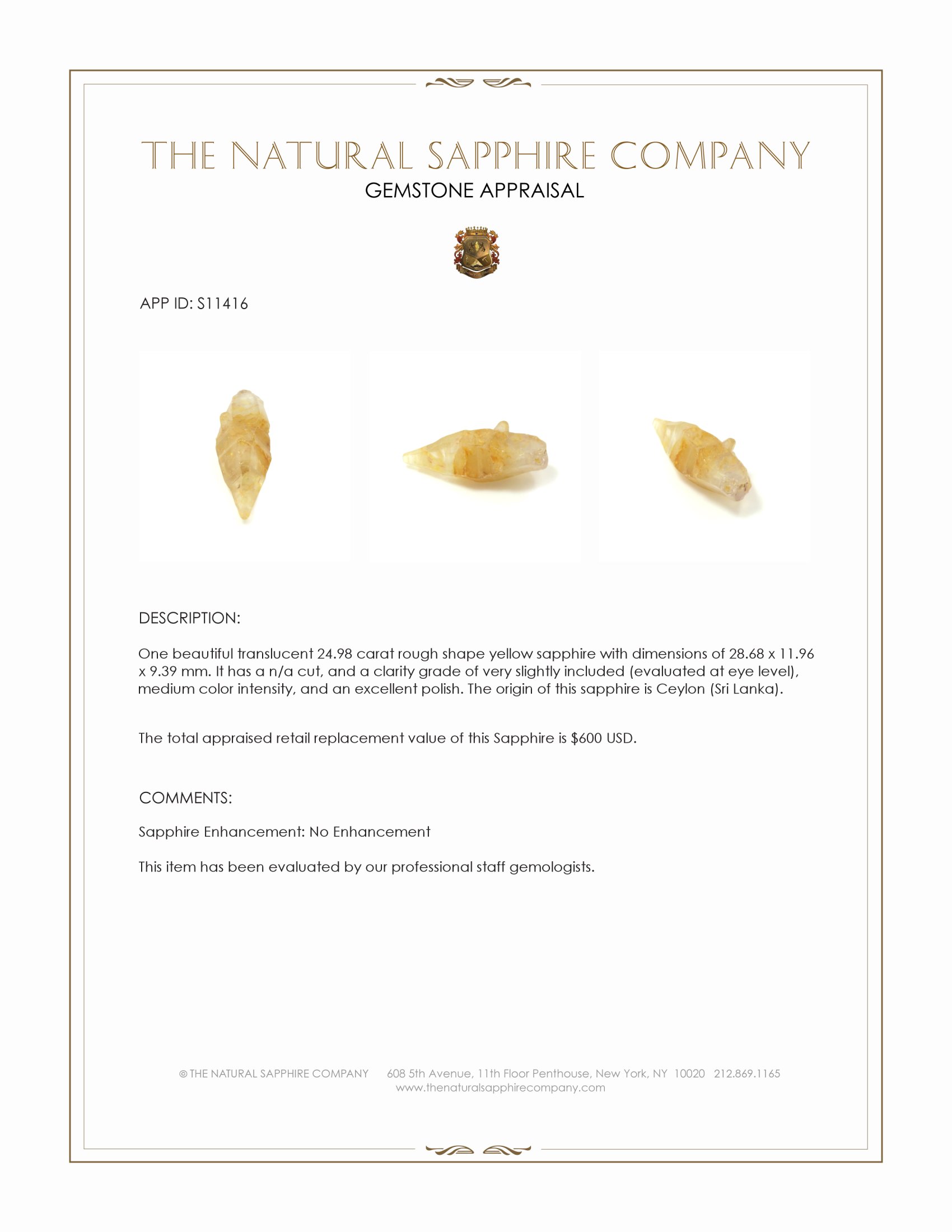 24.98 Ct. Yellow Rough Sapphire from Ceylon (Sri Lanka)