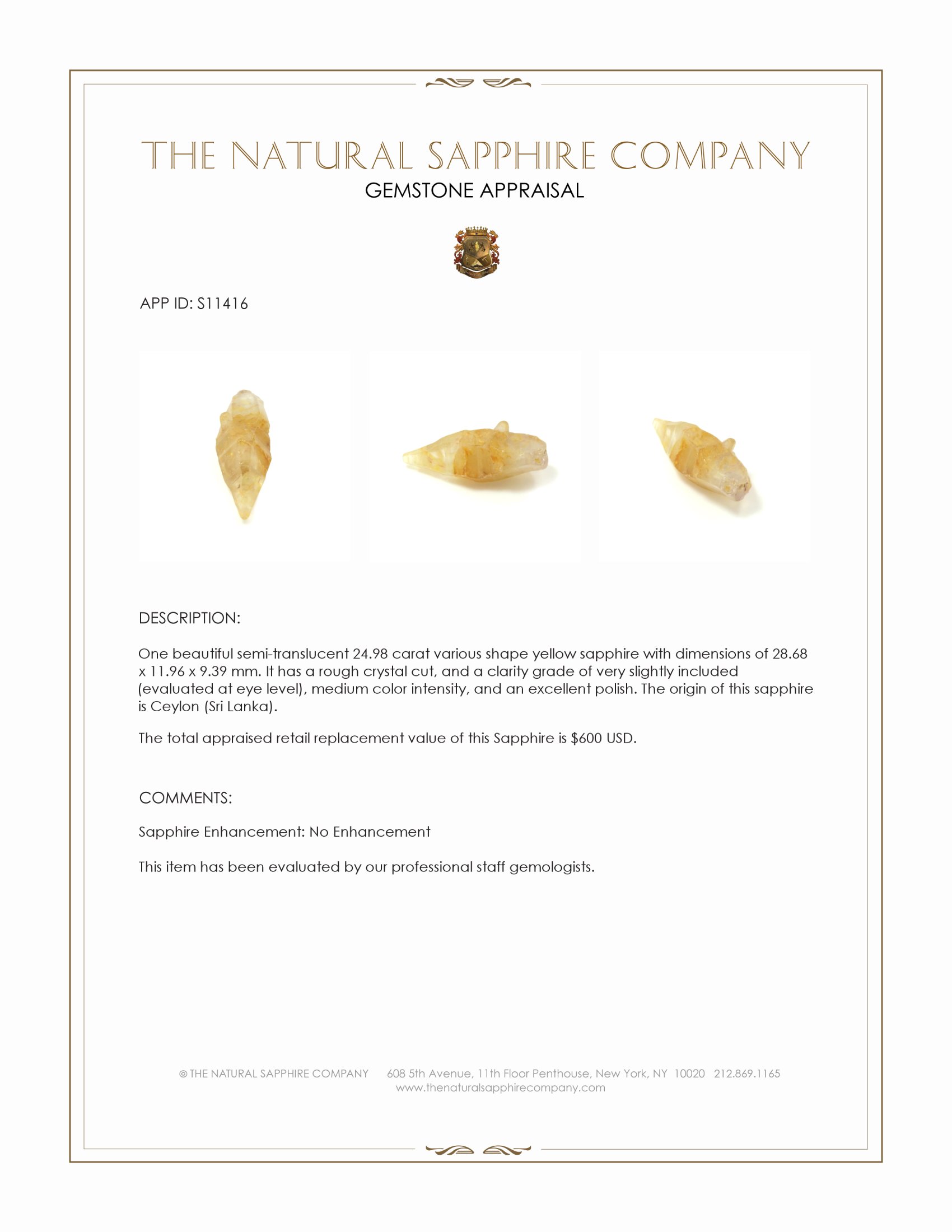 24.98 Ct. Yellow Sapphire Crystal from Ceylon (Sri Lanka)